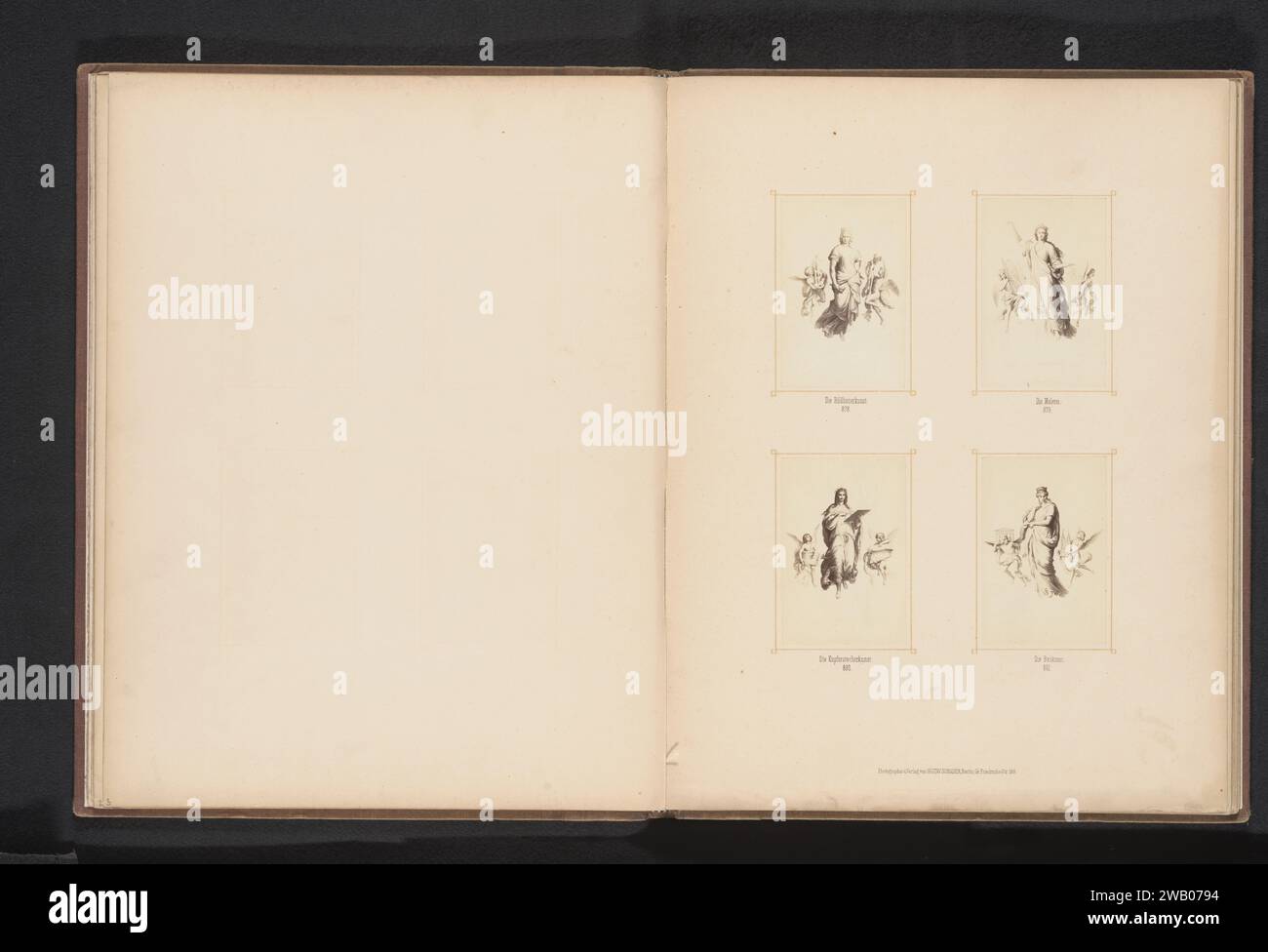 Produzioni fotografiche di quattro disegni di personificazioni femminili delle arti per pitture murali per la scalinata del Neues Museum di Berlino, Gustav Schauer, dopo Wilhelm von Kaulbach, c. 1860 - nel o prima del 1870 Fotografia al piano superiore: Scultura e pittura. Qui sotto: Arte e architettura dell'incisione. Berlinafter disegno di: Germanypublisher: Berlin Photographic support albumen print wall-covering. Rappresentazioni simboliche, allegorie ed emblemi  arte; nuovo museo 'Arte' (Ripa) Foto Stock