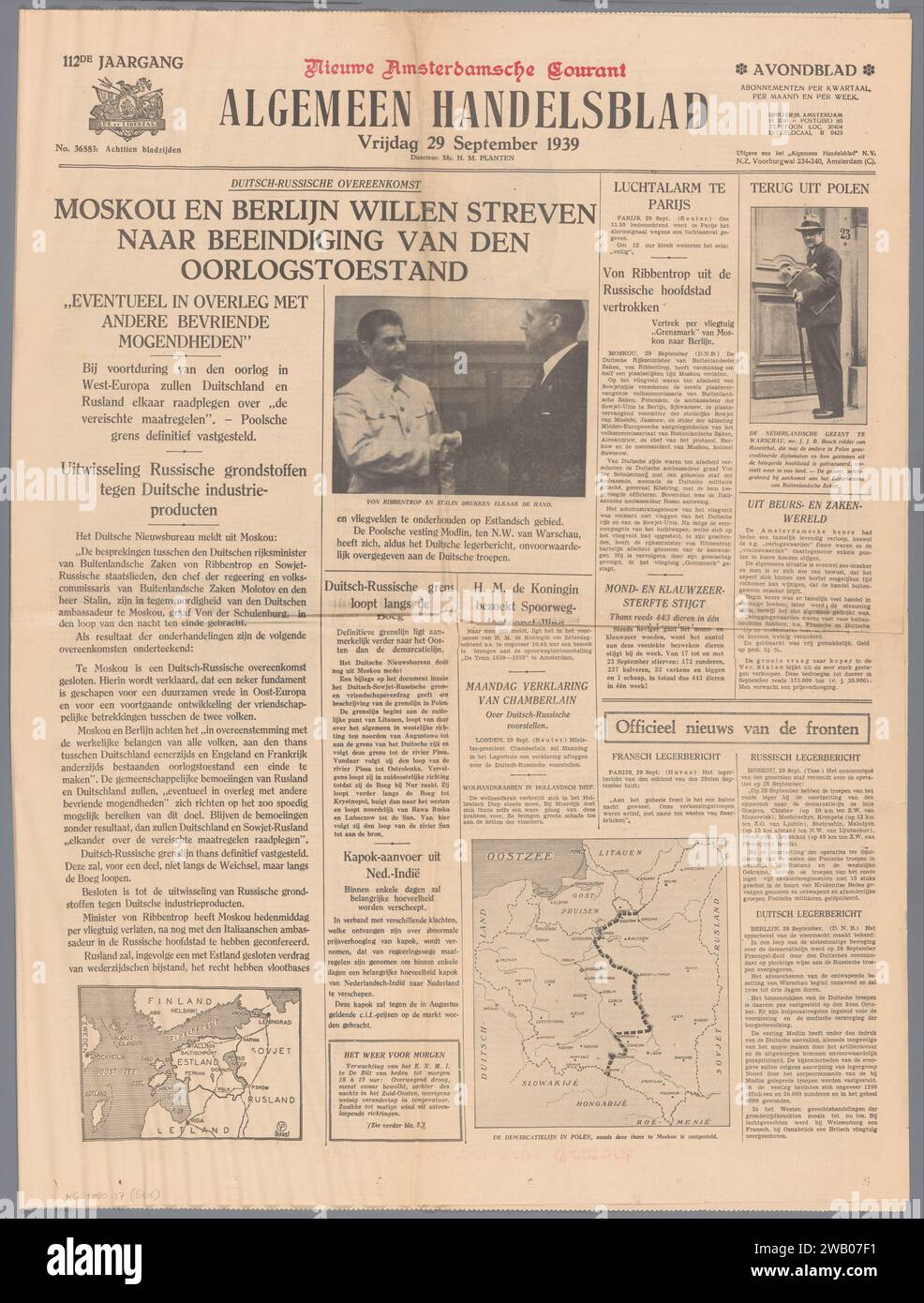 Algemeen Handelsblad, Algemeen Handelsblad, giornale del 1939 sull'invasione tedesca in Polonia, 4 pp. (Dal 18) del n.. 36883 del 112° volume dell'Algemeen Handelsblad. Amsterdam stampa su carta Polonia Foto Stock