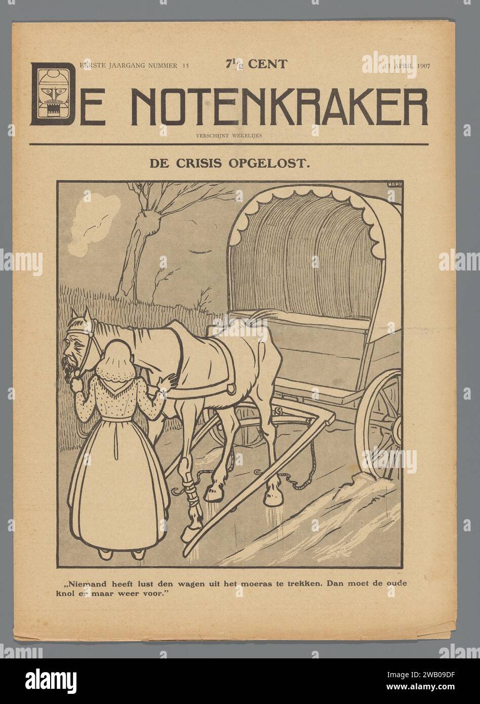 De Notenkraker, 13 aprile 1907 / la crisi risolta, Albert Hahn (i), 1907 magazine. Episodio stampato della rivista satirica De Notenkraker del 13 aprile 1907, primo volume, numero 15. Coprire con illustrazione di un carro coperto in stallo. Un cavallo vecchio e zoppo con un volto umano (forse il primo ministro Theo de Meester) è teso per questo. Parte di un primo volume completo (1907). Ogni numero contiene 8 pagine, in parte non ancora tagliate, con un cartone animato di Albert Hahn sul fronte, sulle altre pagine di Hahn sempre tra il testo. Nella lettera "D" del titolo, è raffigurata la testa di un cosiddetto schiaccianoci. prin Foto Stock