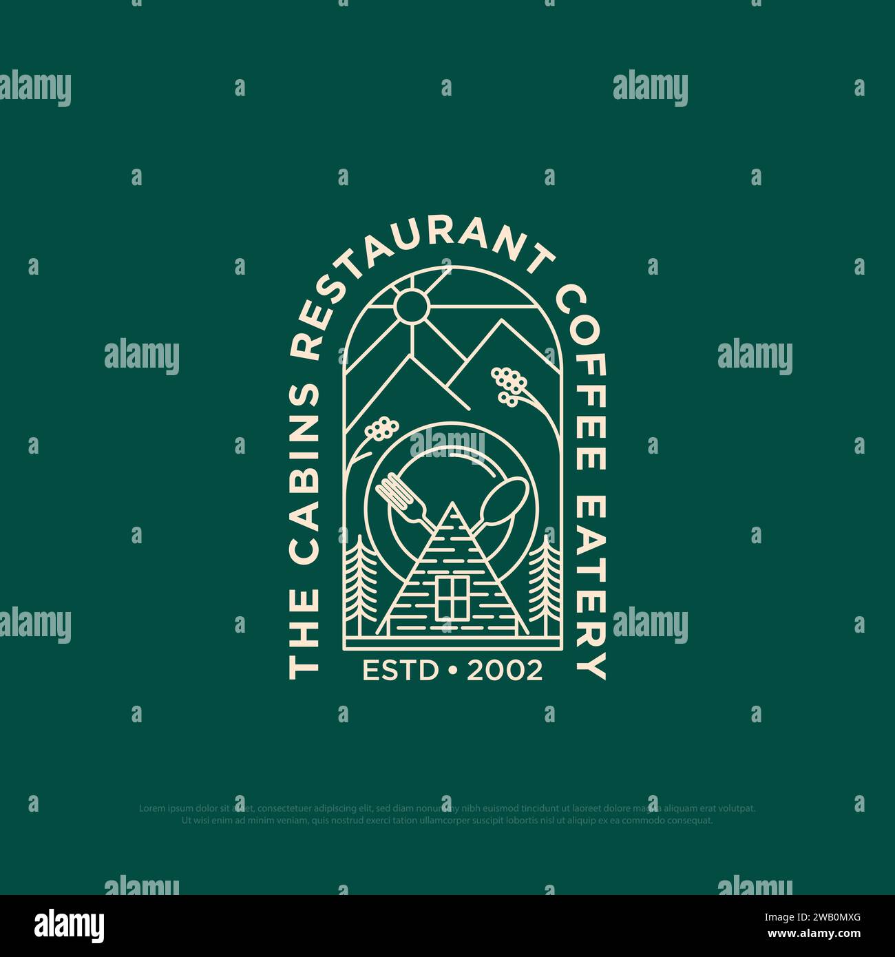 Il design del logo del ristorante in cabina, l'illustrazione vettoriale della caffetteria all'aperto in natura con lo stile del contorno Illustrazione Vettoriale