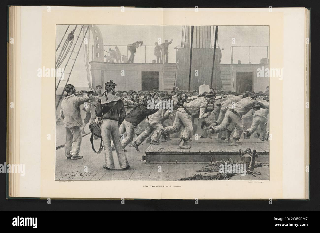 Riproduzione di un dipinto dell'equipaggio di una nave al lavoro di Léon Couturier, Anonymous, dopo Léon Couturier, c. 1885 - in o prima del 1901 carta fotomeccanica equipaggio  nave (+ vista  veicolo, nave, ecc.) Foto Stock