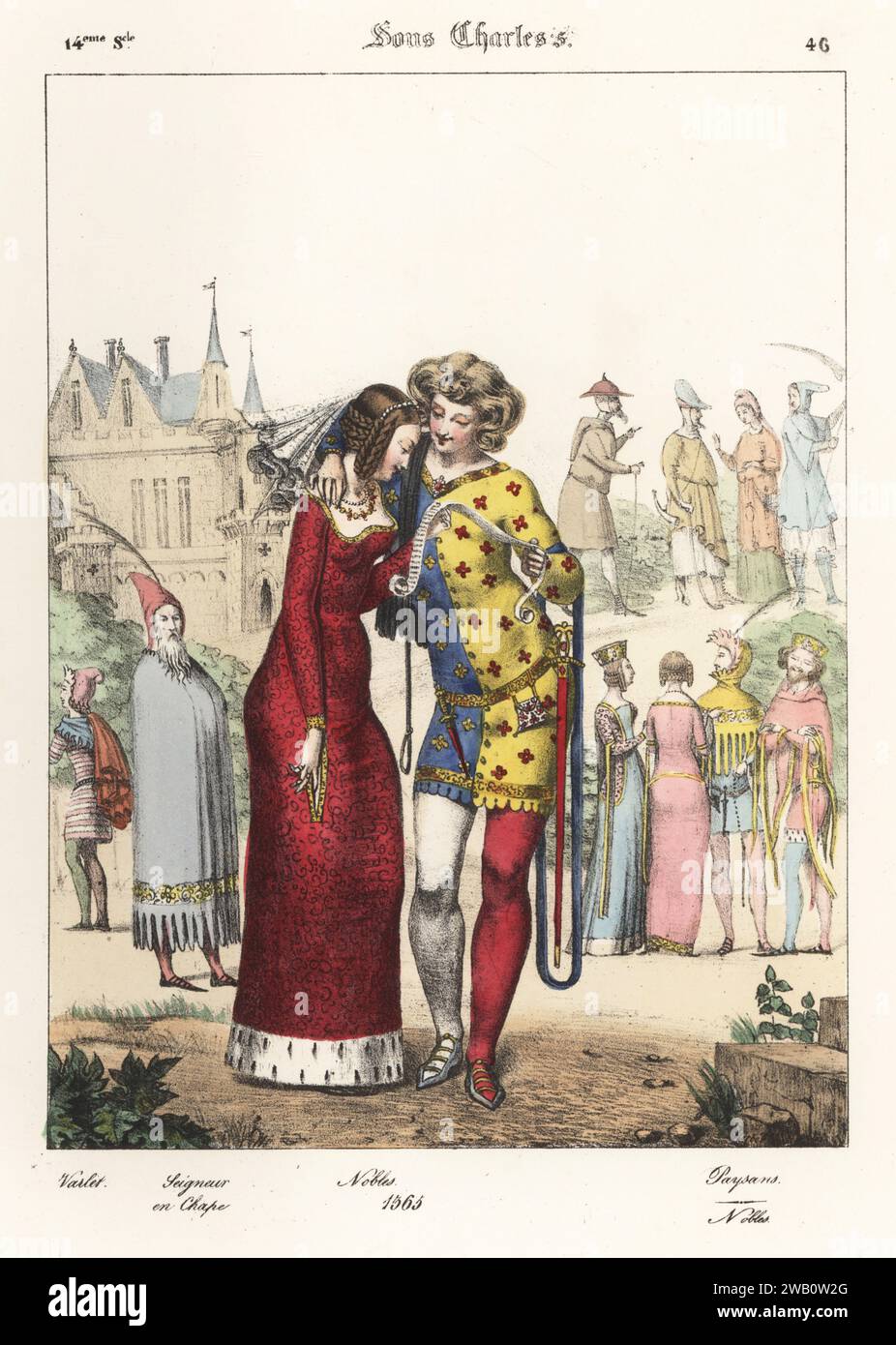 Nobiluomo e donna francesi, XIV secolo. Uomo in tavoletta e tubo color parti, donna in velo, capelli in boccoli e abito rifinito con ermellino. Varlet, Seigneur en chape, Nobles 1365, Paysans, Nobles. Sous Charles V, 14e Siecle. Litografia colorata a mano di Godard dopo un'illustrazione di Charles Auguste Herbé dai suoi costumi Francais, Civils, Militaires et Religieux, Costumi francesi, Civil, militare e religioso, Maison Martinet, Parigi, 1837. Foto Stock