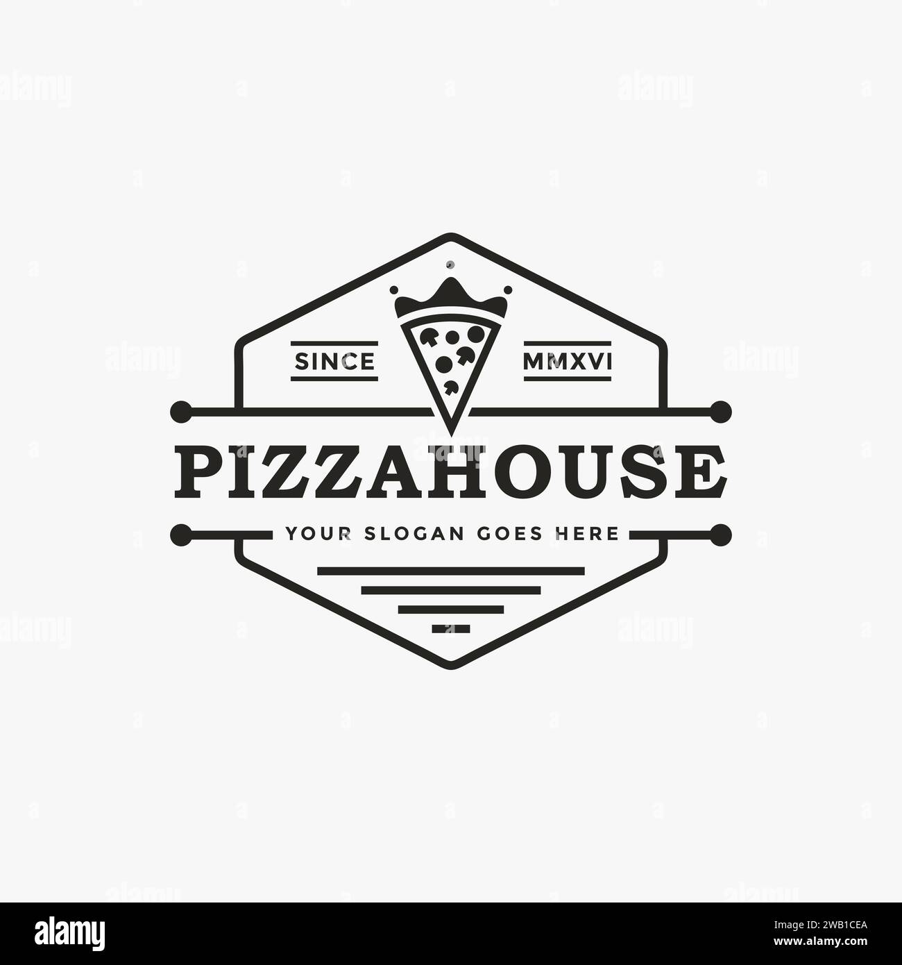 Stemma vintage con sigillo retrò corona con logo della pizza e modello vettoriale su sfondo bianco Illustrazione Vettoriale