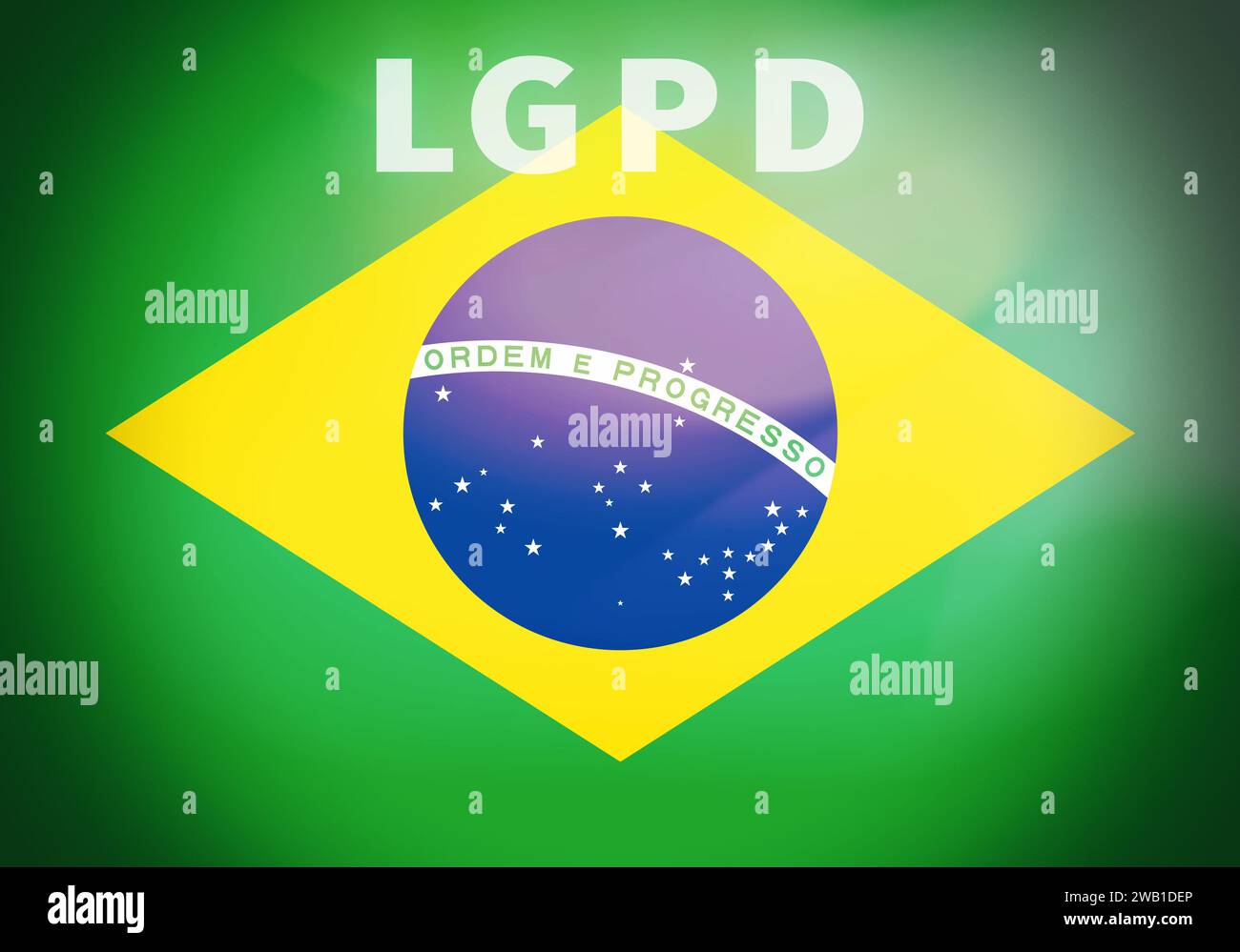 Bandiera del Brasile con il testo lei Geral de Proteção de Dados Pessoais. Questa legge regola la protezione dei dati e la privacy in Brasile. Foto Stock