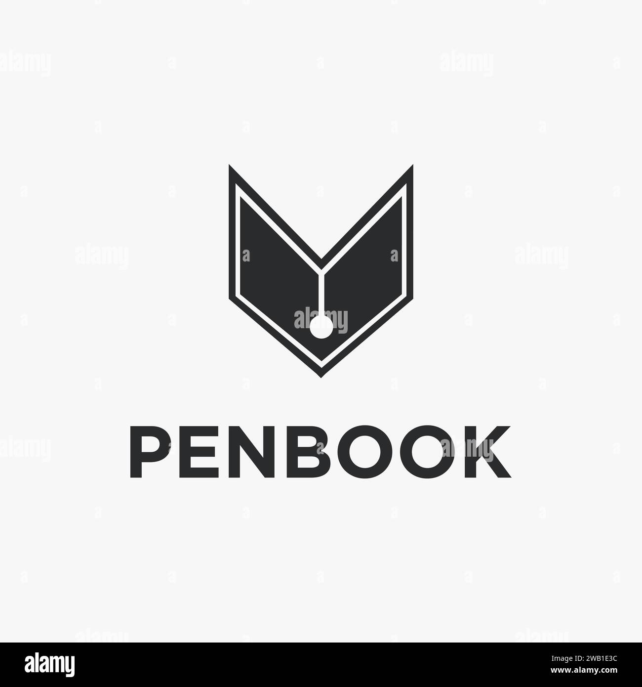 Testa della penna e modello vettoriale dell'icona del logo del libro aperto su sfondo bianco Illustrazione Vettoriale