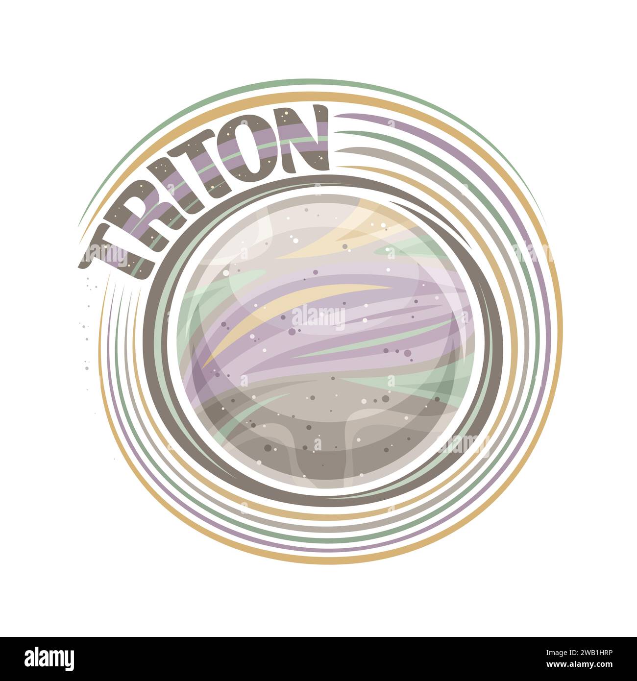 Logo vettoriale per Triton Moon, stampa cosmica con satellite rotante triton, superficie in pietra con crateri e vulcani, adesivo cosmo con pennello unico Illustrazione Vettoriale