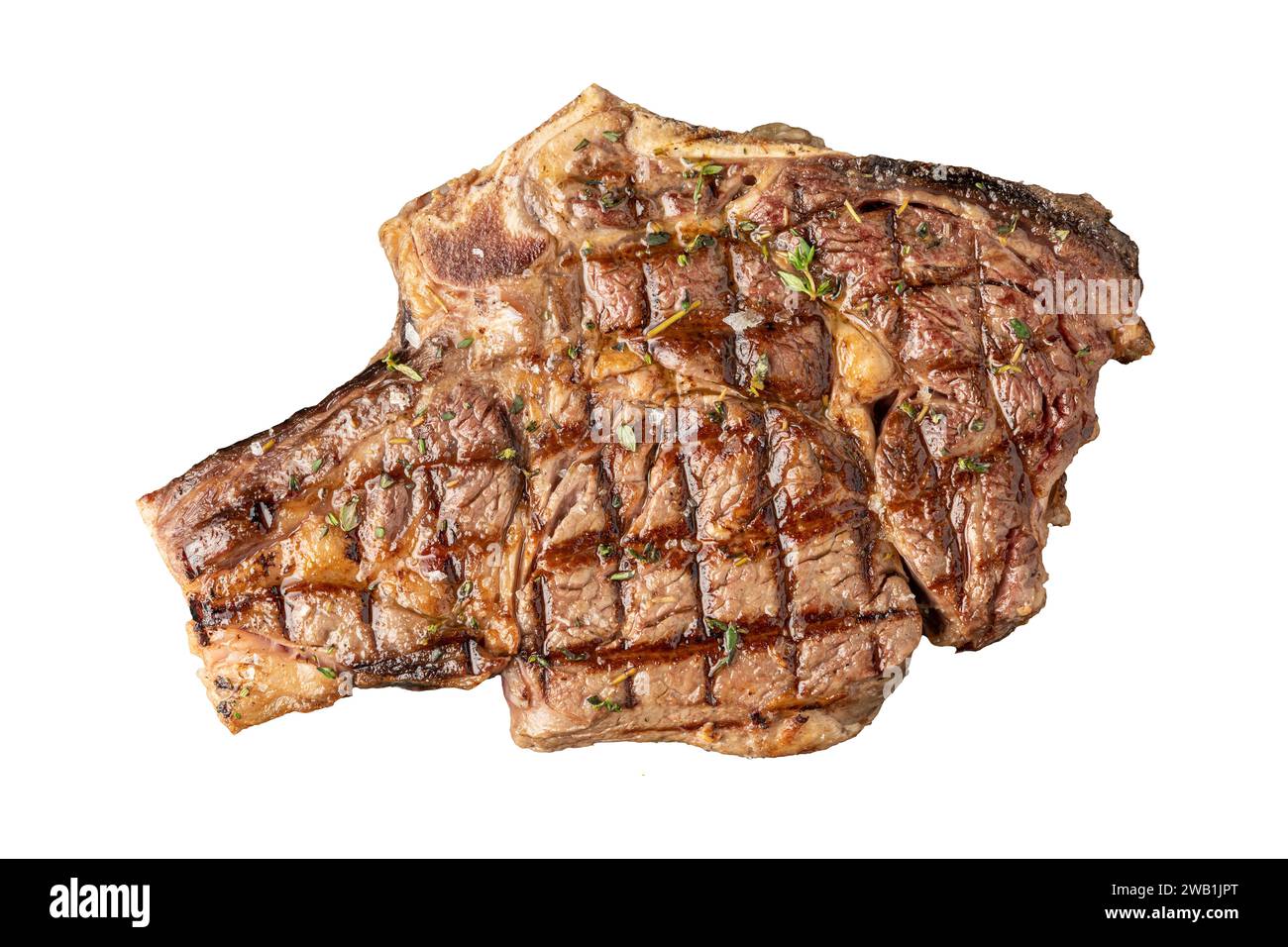 Vista dall'alto della bistecca di tomahawk grigliata su sfondo bianco Foto Stock