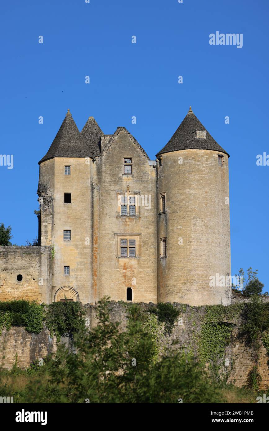 Castello fortificato di Salignac (XI-XV secolo) nel Périgord Noir vicino a Sarlat. Architettura, storia, campagna e ruralità, ambiente, Touri Foto Stock