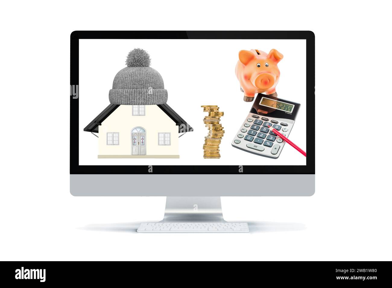 Casa, casa modello, cappello da bobble, cappello, monete in euro, risparmio, energia, costoso, tasso di inflazione, freddo, inverno, riscaldamento, elettricità, accelerazione, riduzione Foto Stock