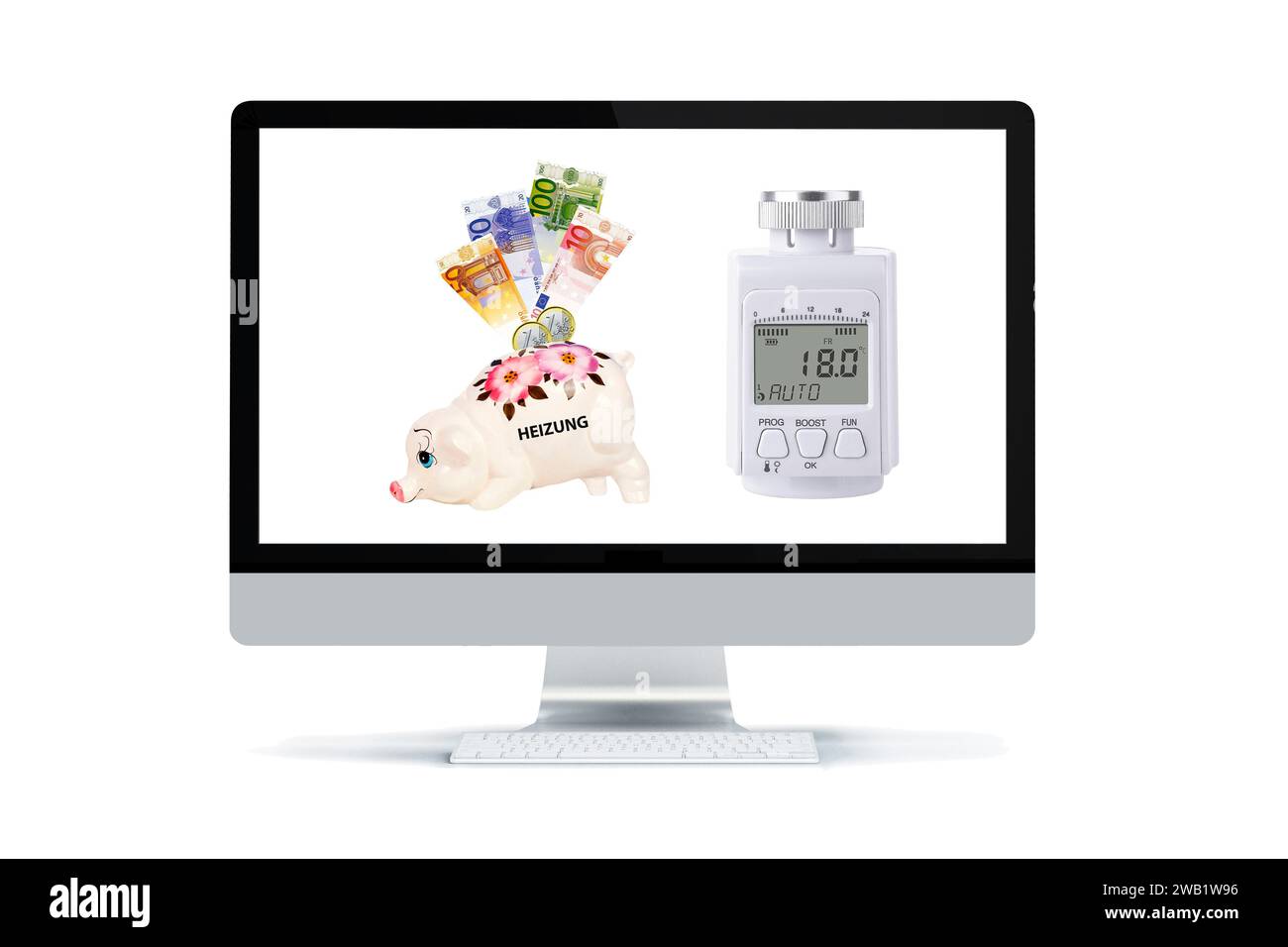 Casa, casa modello, cappello da bobble, cappello, monete in euro, risparmio, energia, costoso, tasso di inflazione, freddo, inverno, riscaldamento, elettricità, accelerazione, riduzione Foto Stock