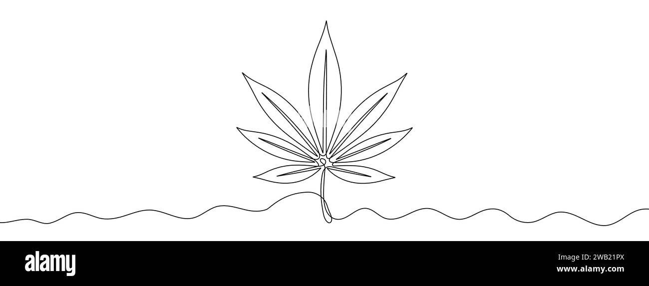 Disegno lineare modificabile continuo di cannabis. Icona della marijuana in una riga. Illustrazione Vettoriale