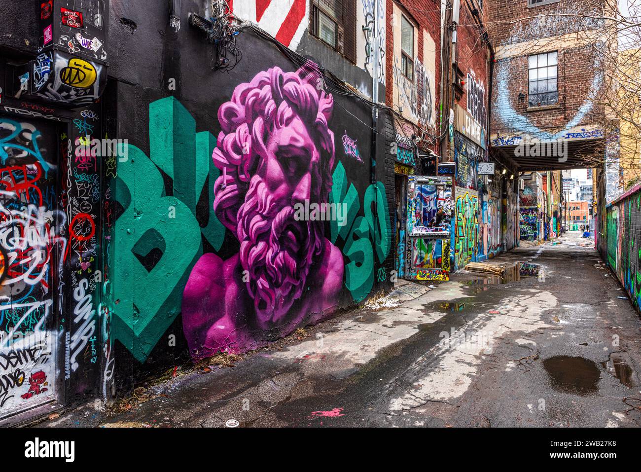 Graffiti Alley, noto anche come Rush Lane, è una gemma nascosta nel quartiere della moda di Toronto. E' un vicolo stretto fiancheggiato da murales colorati e strade Foto Stock