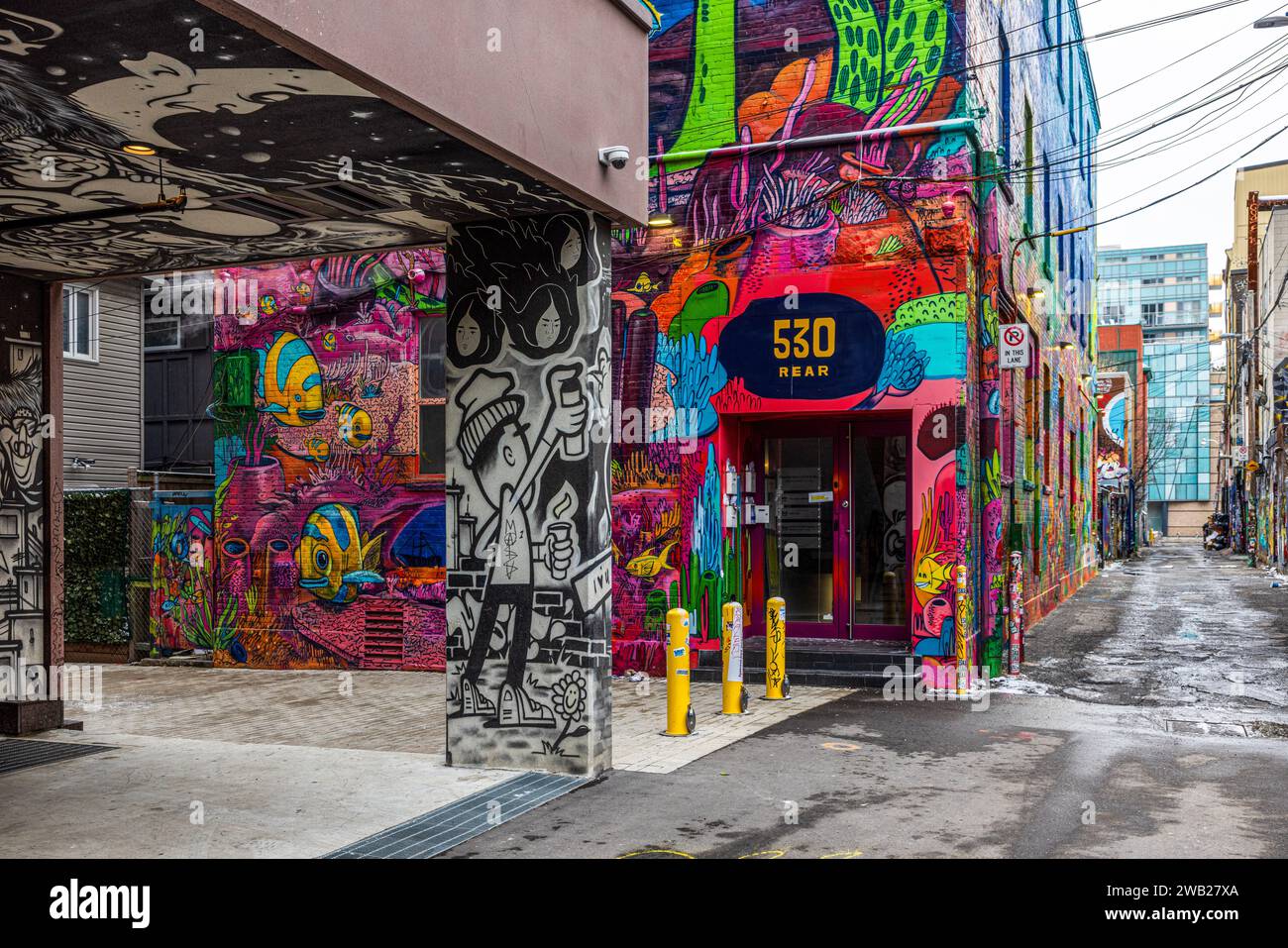 Graffiti Alley, noto anche come Rush Lane, è una gemma nascosta nel quartiere della moda di Toronto. E' un vicolo stretto fiancheggiato da murales colorati e strade Foto Stock