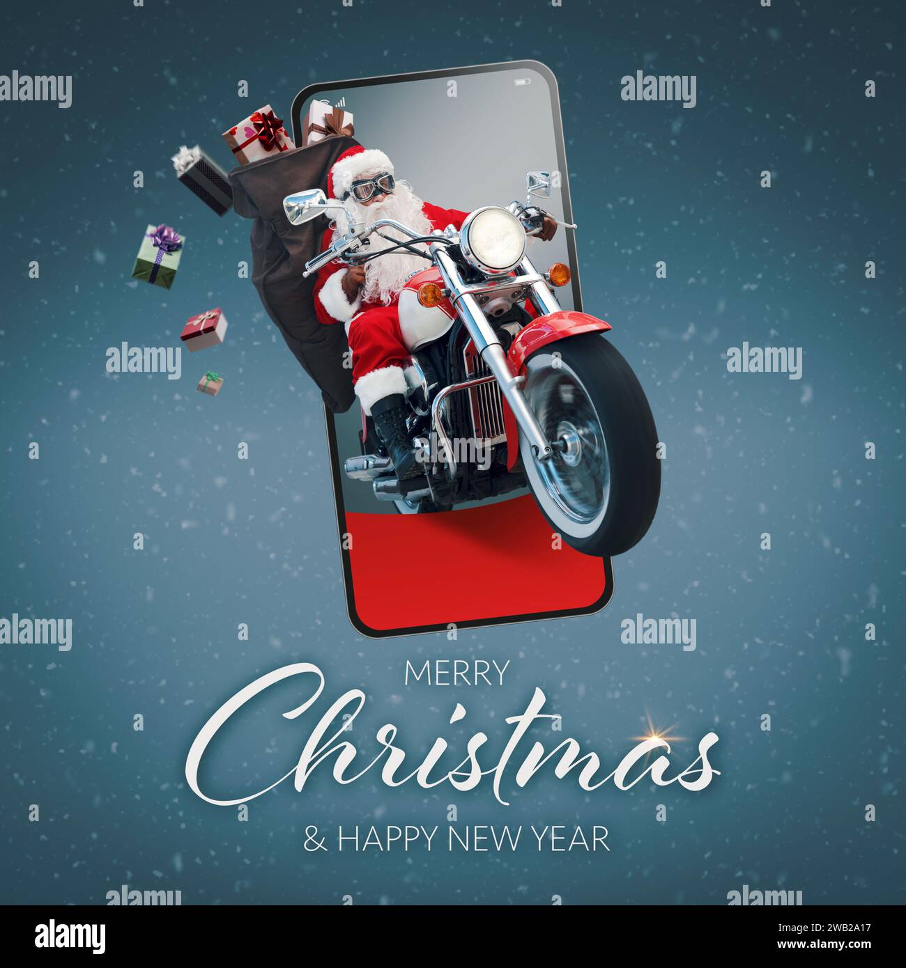 Babbo Natale cattivo non convenzionale in sella a una moto e uscendo dallo schermo di uno smartphone, biglietto d'auguri di Natale Foto Stock