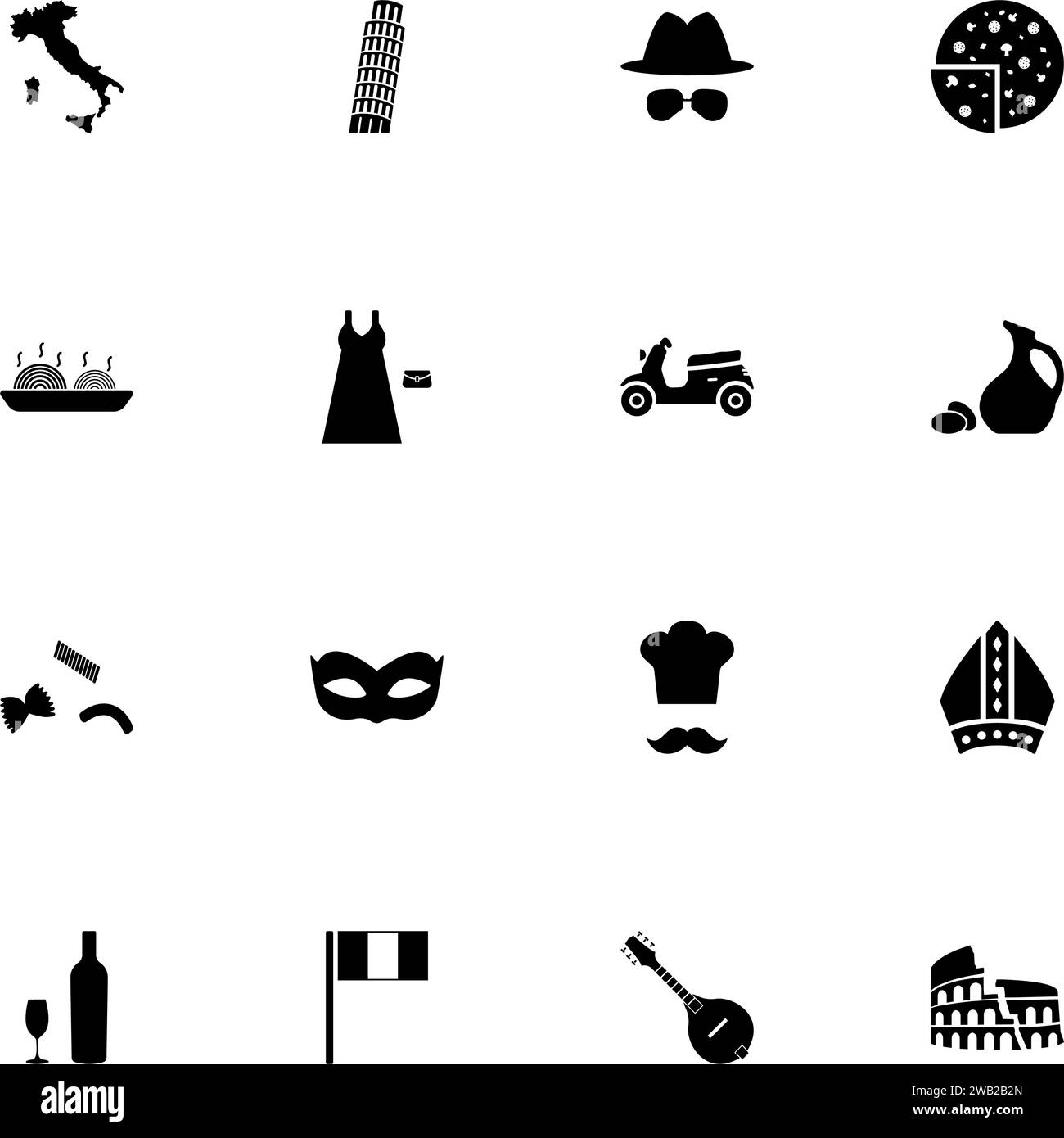 Icona italiana - Espandi a qualsiasi dimensione - Cambia a qualsiasi colore. Perfect Flat Vector contiene icone come venezia, maschera, carnevale, pasta, mafia Illustrazione Vettoriale