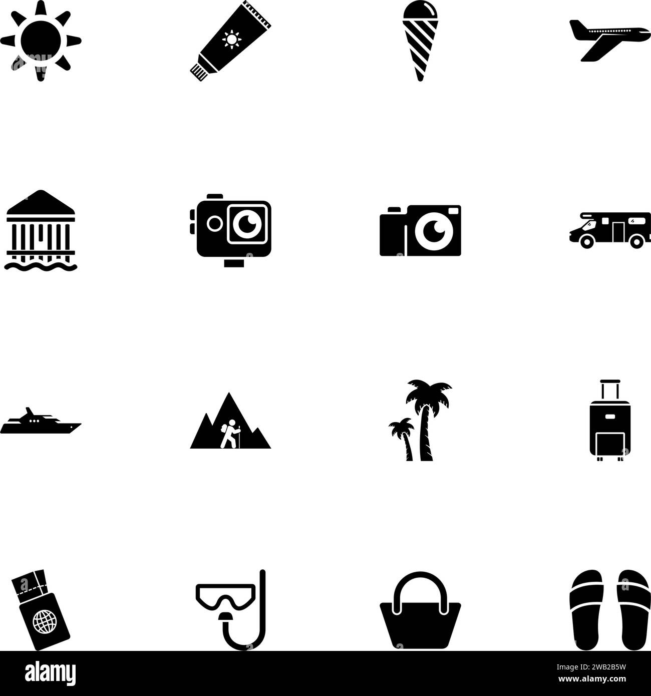 Icona turismo - Espandi a qualsiasi dimensione - passa a qualsiasi colore. Perfect Flat Vector contiene icone come spiaggia, sole, cartolina, aereo, crema, palm Illustrazione Vettoriale