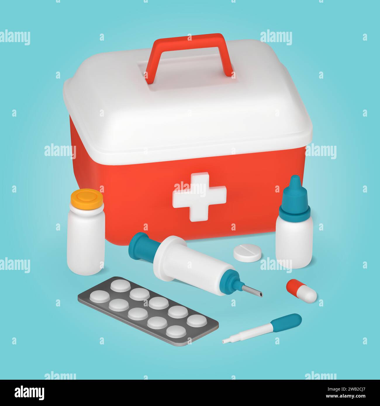 Kit di pronto soccorso e apparecchiature mediche, pillole, siringa, pipetta. Illustrazione vettoriale 3D. Illustrazione Vettoriale