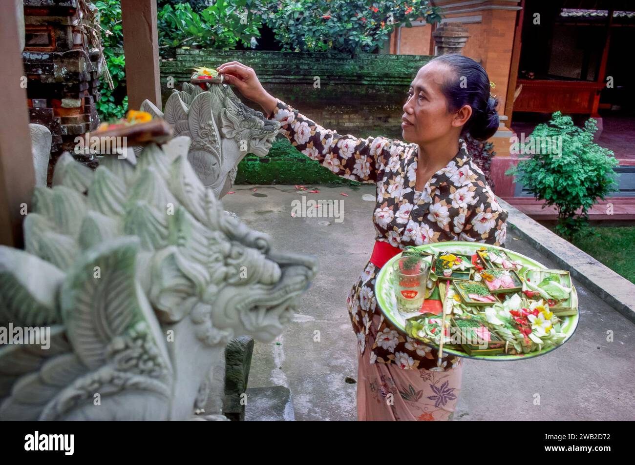 Indonesia, Bali - la donna offre riso e frutta agli dei indù in un piccolo santuario a casa. Foto Stock