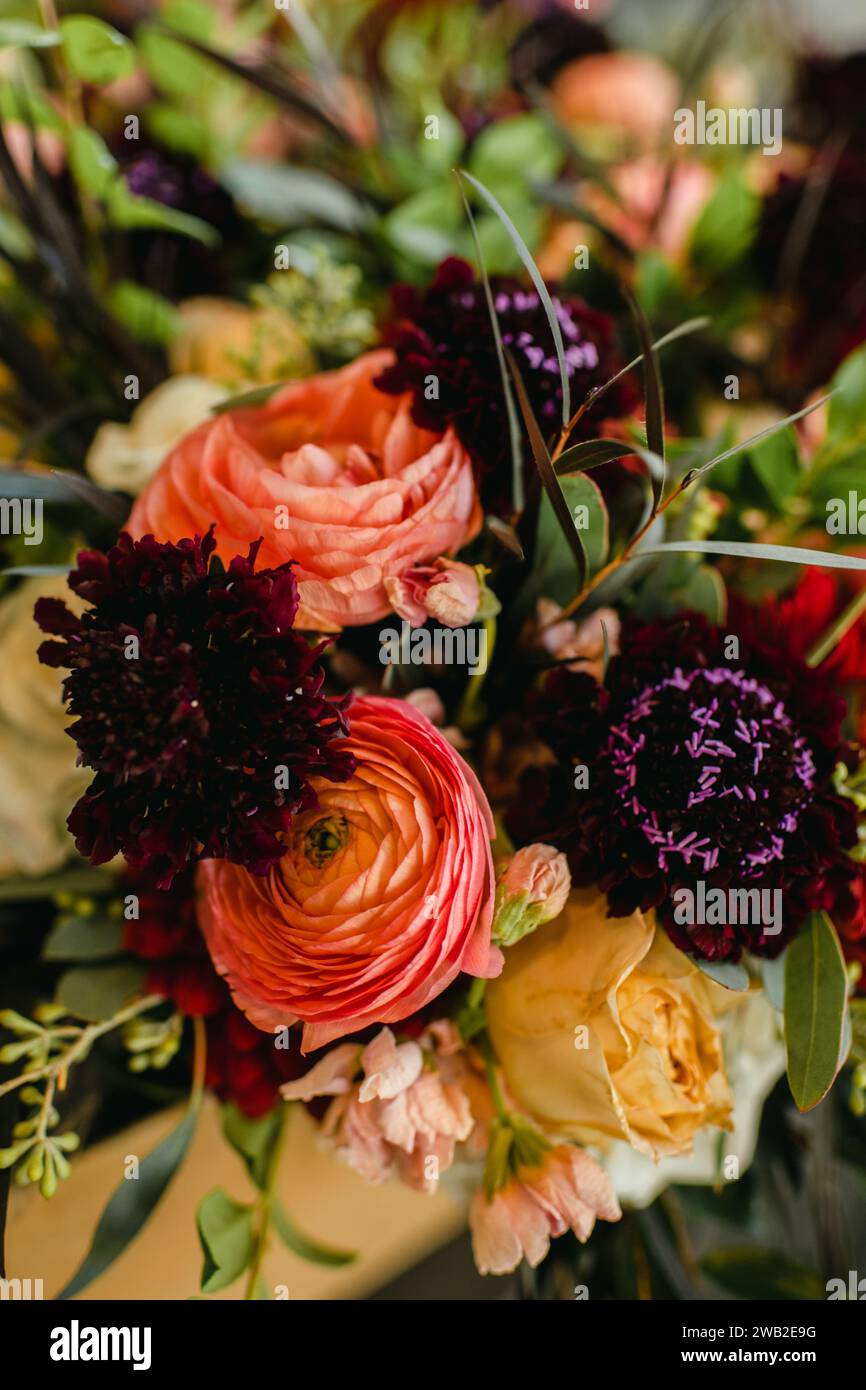 Vivace bouquet floreale estivo con coppe persiane e Scabiosas Foto Stock