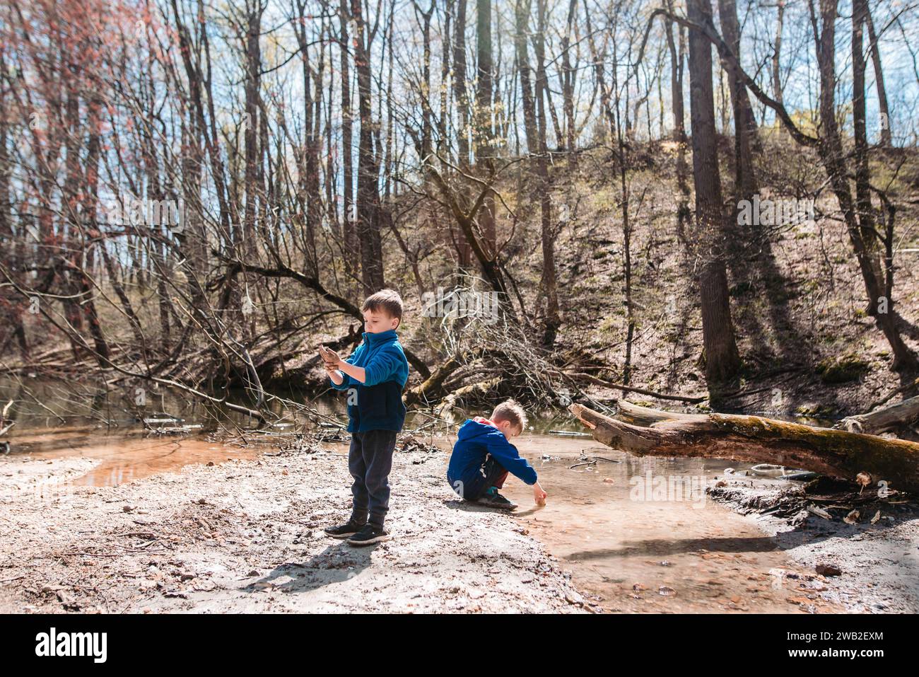 Due bambini piccoli esplorano la foresta fangosa Foto Stock