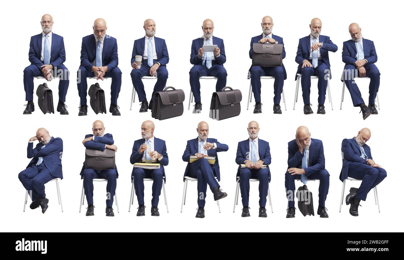 Uomo d'affari seduto su una sedia e in attesa di un colloquio di lavoro o di una riunione, serie di collage di ritratti Foto Stock