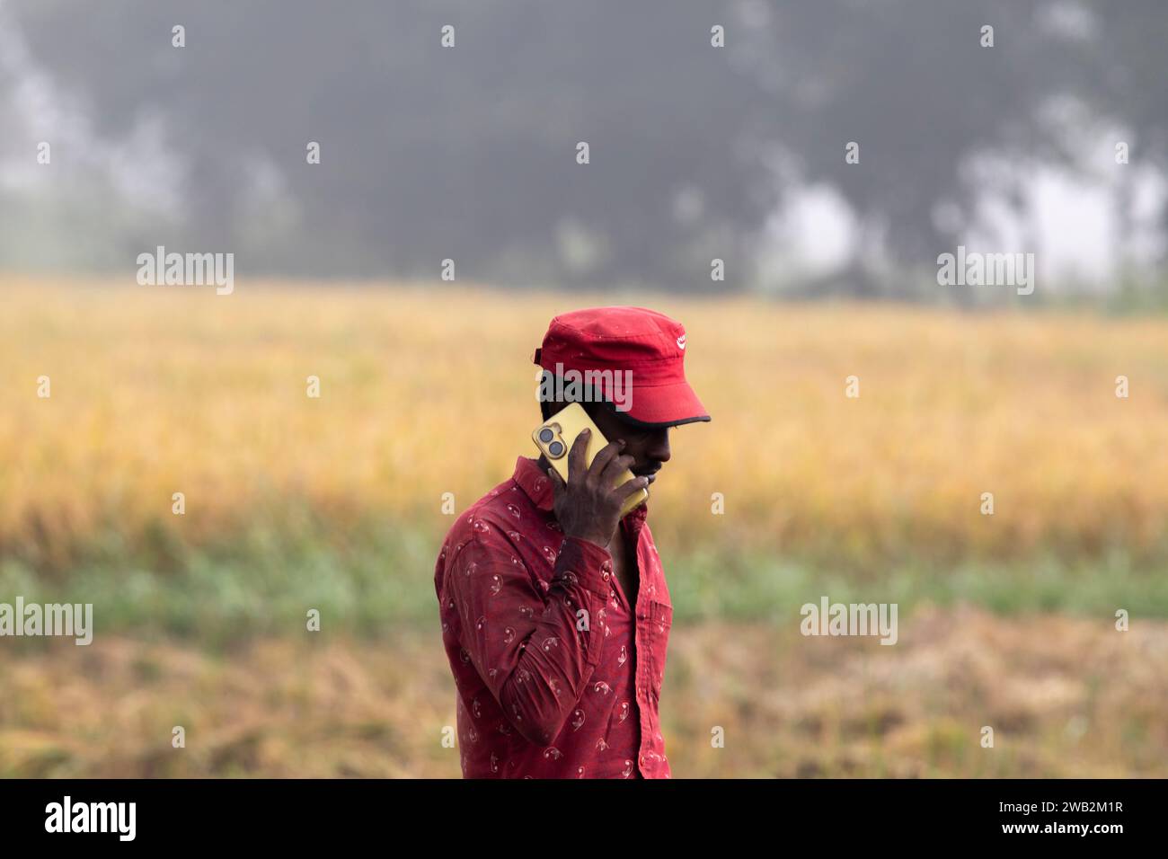Chattogram, Bangladesh. 17 dicembre 2023. Un contadino parla su un cellulare vicino a gumai beel sulla rangunia upazila. SOLO PER USO EDITORIALE! Non per il settore commerciale Foto Stock