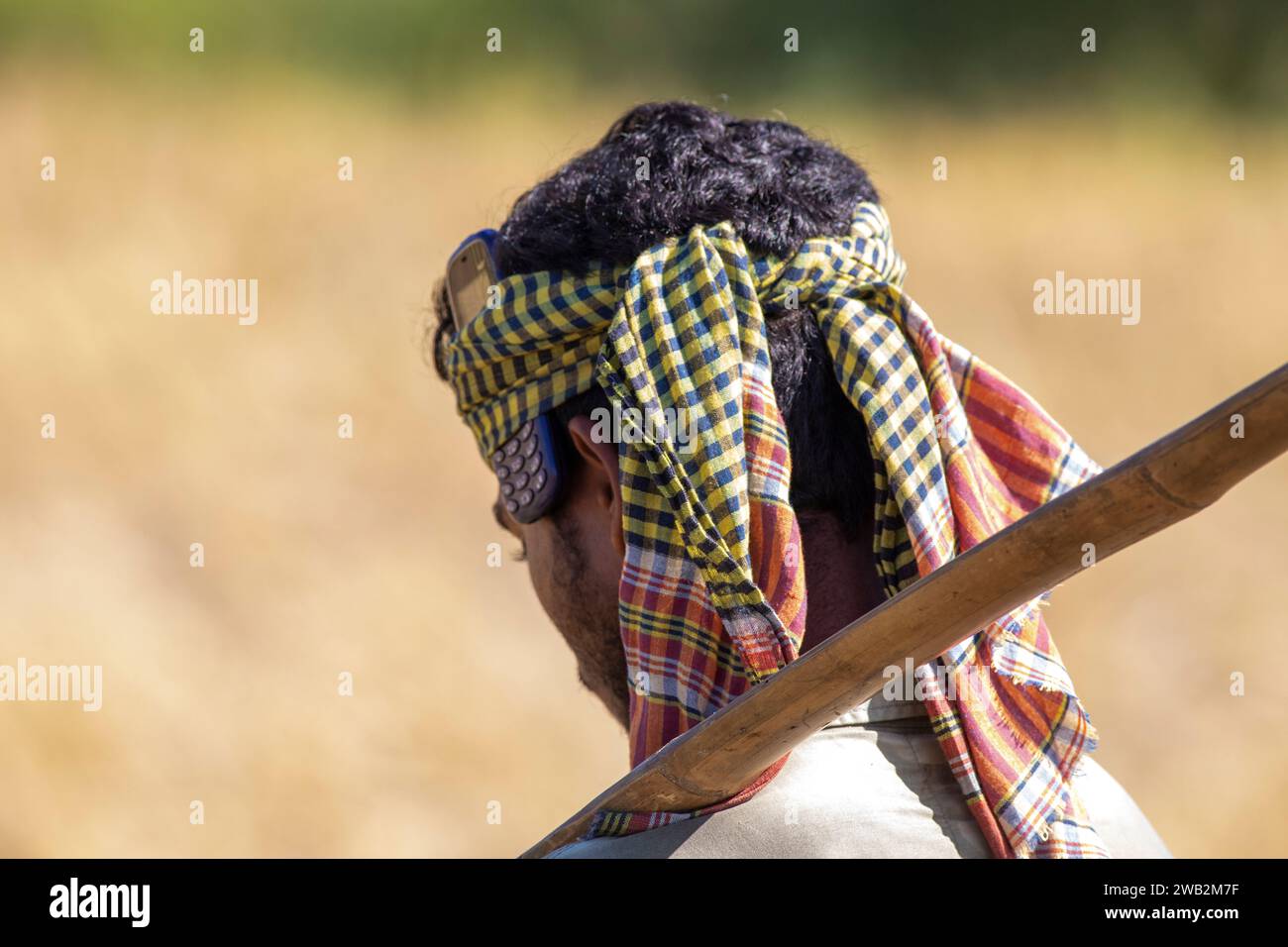 Chattogram, Bangladesh. 17 dicembre 2023. Un contadino cammina davanti a un campo ascoltando musica su un telefono cellulare, il cellulare è coperto da un panno sopra la sua h Foto Stock