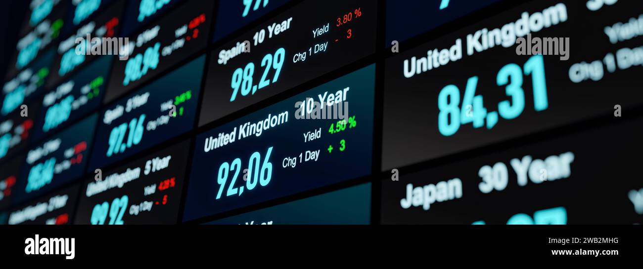 Rendimento e prezzi del mercato obbligazionario britannico. Titoli di stato, informazioni su rendimento e prezzo della United Kingdmom. Negoziazione del mercato obbligazionario, tassi di interesse, obbligazioni del tesoro, investimenti. bond market032s03 global interest rates Foto Stock