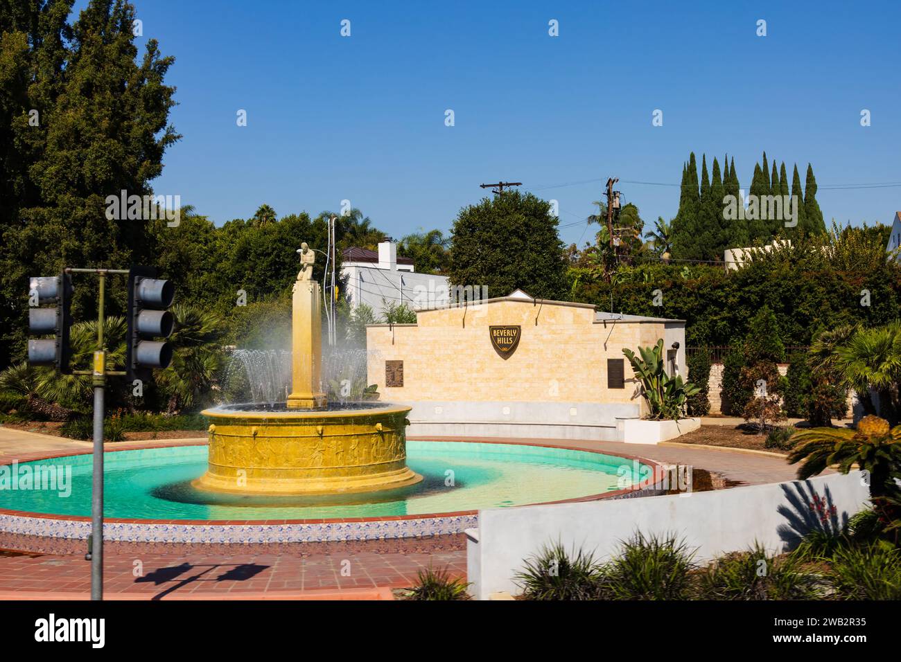 La Fontana elettrica del 1931 a Beverly Gardens Park, Beverly Hills, Los Angeles, California, USA Foto Stock