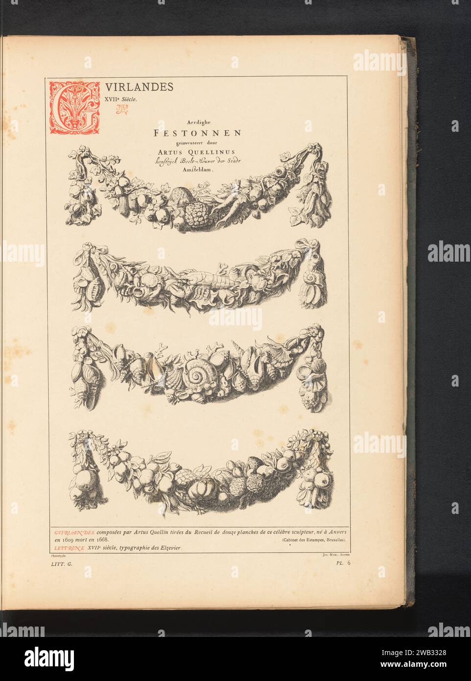 Riproduzione di una stampa di quattro ghirlande con frutta, animali marini e conchiglie, anonimo, dopo Elzevier, c. 1875 - in o prima del 1880 stampa fotomeccanica carta Anversa fotolitografia ghirlanda, corona Foto Stock