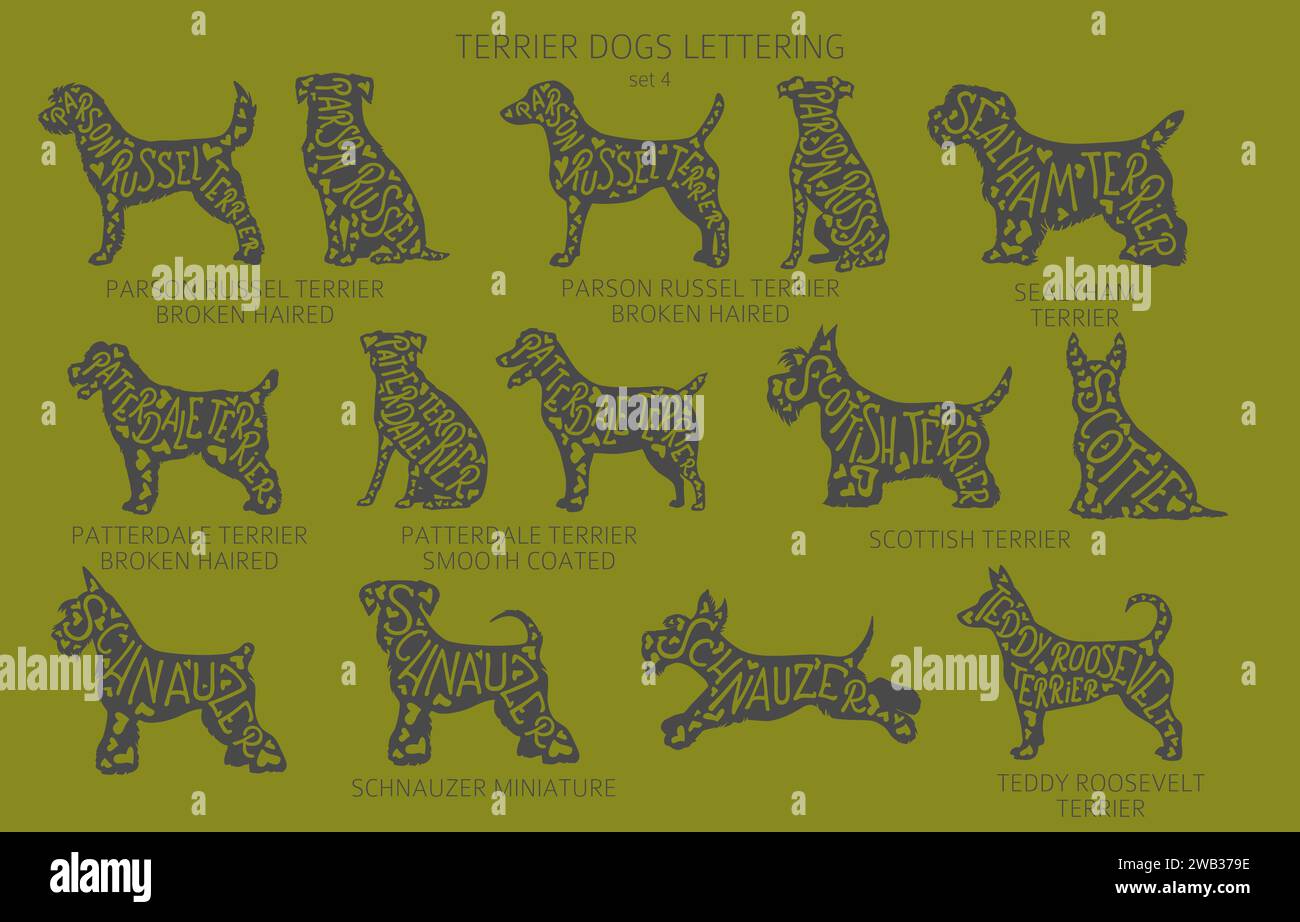 Il cane alleva silhouette con scritte e ritagli di stile semplice. Cani da caccia, collezione di cani Terrier. Illustrazione vettoriale Illustrazione Vettoriale