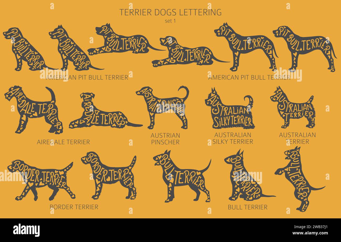 Il cane alleva silhouette con scritte e ritagli di stile semplice. Cani da caccia, collezione di cani Terrier. Illustrazione vettoriale Illustrazione Vettoriale