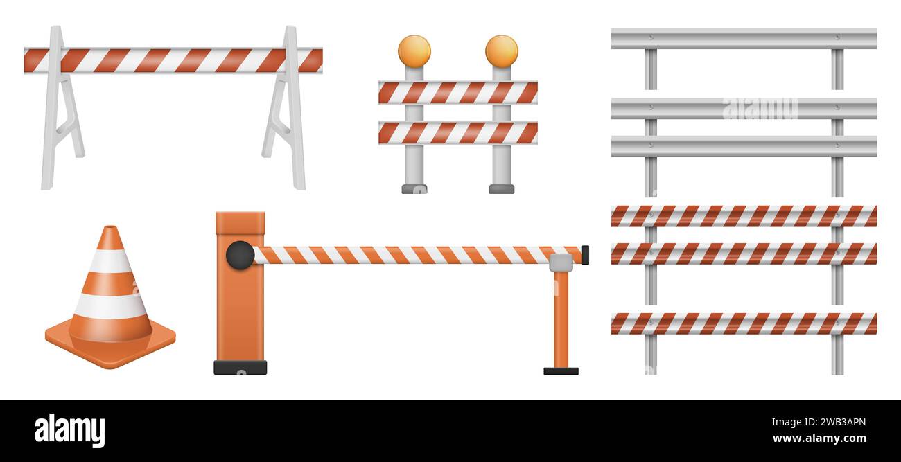 Barriere per lavori stradali e recinzione di protezione. Illustrazione vettoriale. EPS 10. Illustrazione Vettoriale