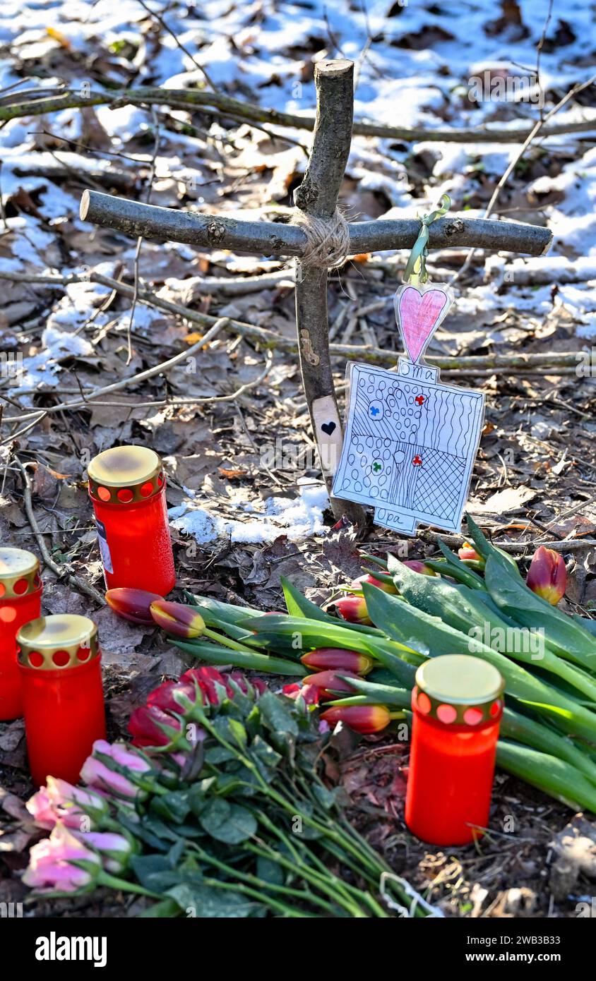 Wilmersdorf, Germania. 8 gennaio 2024. Candele, fiori, una croce di legno e un piccolo disegno con l'iscrizione "nonna, nonno" sono visibili sul luogo di un incidente che ha coinvolto due vittime su una strada nel bosco. Le due persone uccise in un incidente stradale martedì scorso (02.01.2024) nei pressi di Briesen (Oder-Spree) erano un artista del Brandeburgo e sua moglie. Questo è stato confermato da un portavoce del Museo di arte moderna di Brandeburgo presso l'Agenzia stampa tedesca lunedì. Credito: Patrick Pleul/dpa/Alamy Live News Foto Stock