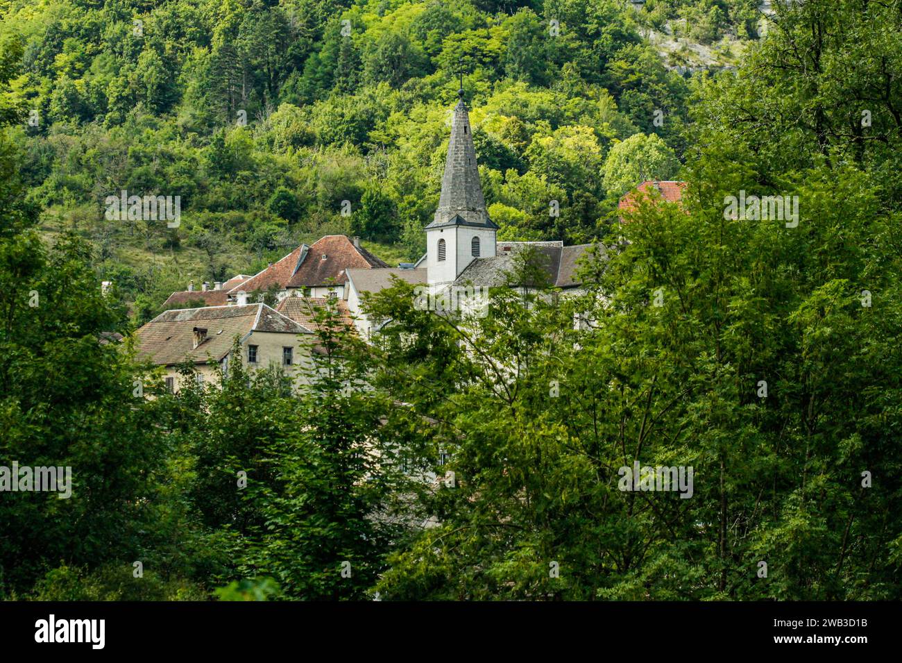 Foresta e villaggio di Lods nella valle di la Loue nella regione di Bourgogne-Franche-Comté, Francia orientale Foto Stock