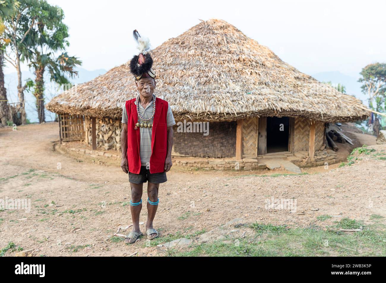Anziano della tribù Konyak in abiti cerimoniali tradizionali, in piedi davanti a una casa in legno konyak, decorata con teschi di toro, Nagaland, India Foto Stock