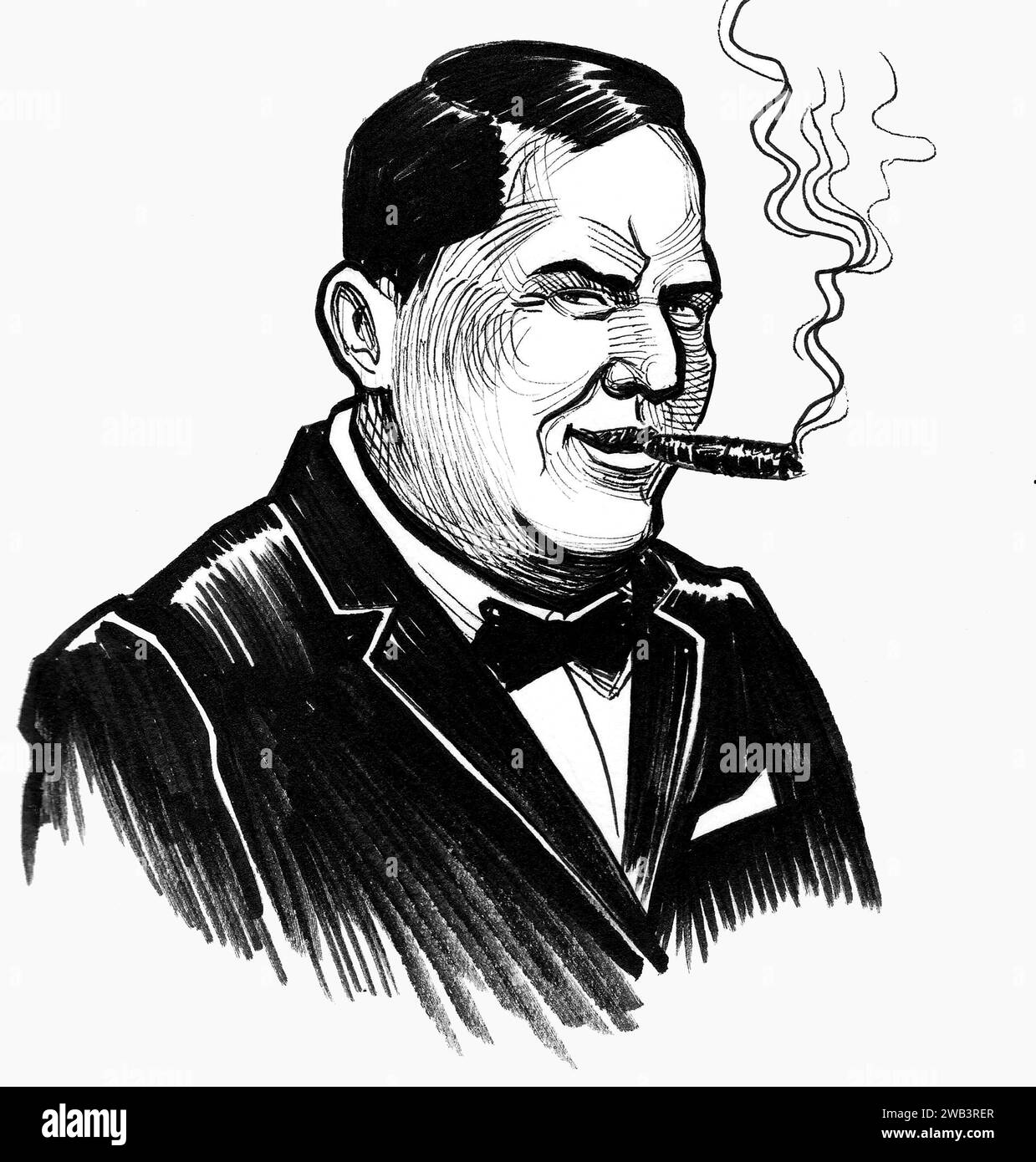 Personaggio di un uomo ricco che fuma un sigaro. Disegno in bianco e nero con inchiostro disegnato a mano Foto Stock