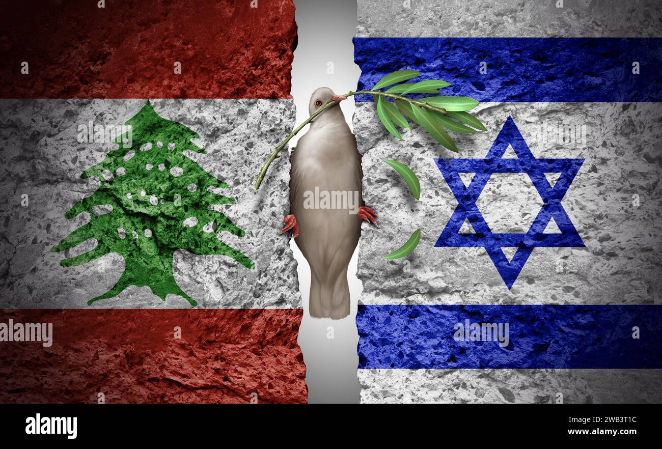 Libano e Israele crisi come conflitto geopolitico e guerra tra il popolo labanese e israeliano e il concetto di sicurezza del Medio Oriente e le lotte f Foto Stock