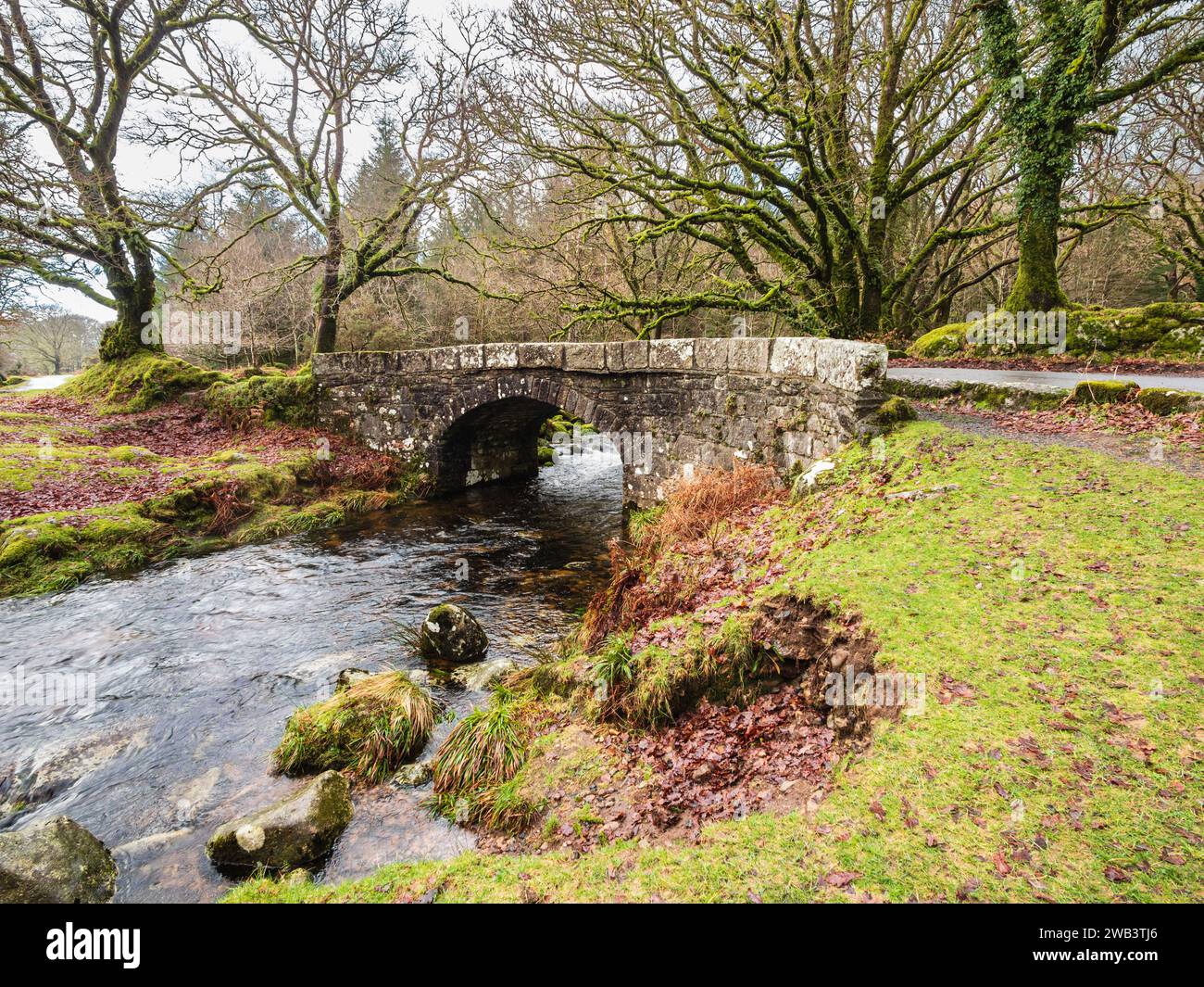 All'inizio del XIX secolo, ponte Norsworthy in granito a campata singola sulla palata invernale del fiume Meavy, Burrator, Dartmoor Foto Stock