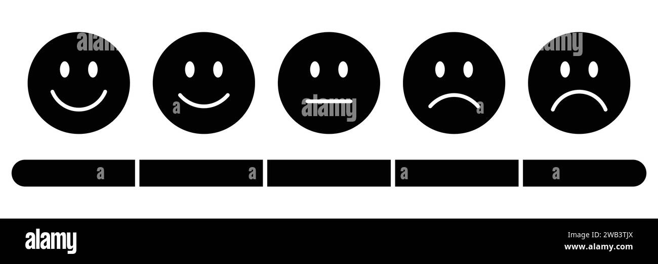 Emoji di valutazione impostate in nero con una scala di valutazione nera. Raccolta emoticon feedback, emoji molto felici, felici, neutrali, tristi e molto tristi con scala. Illustrazione Vettoriale