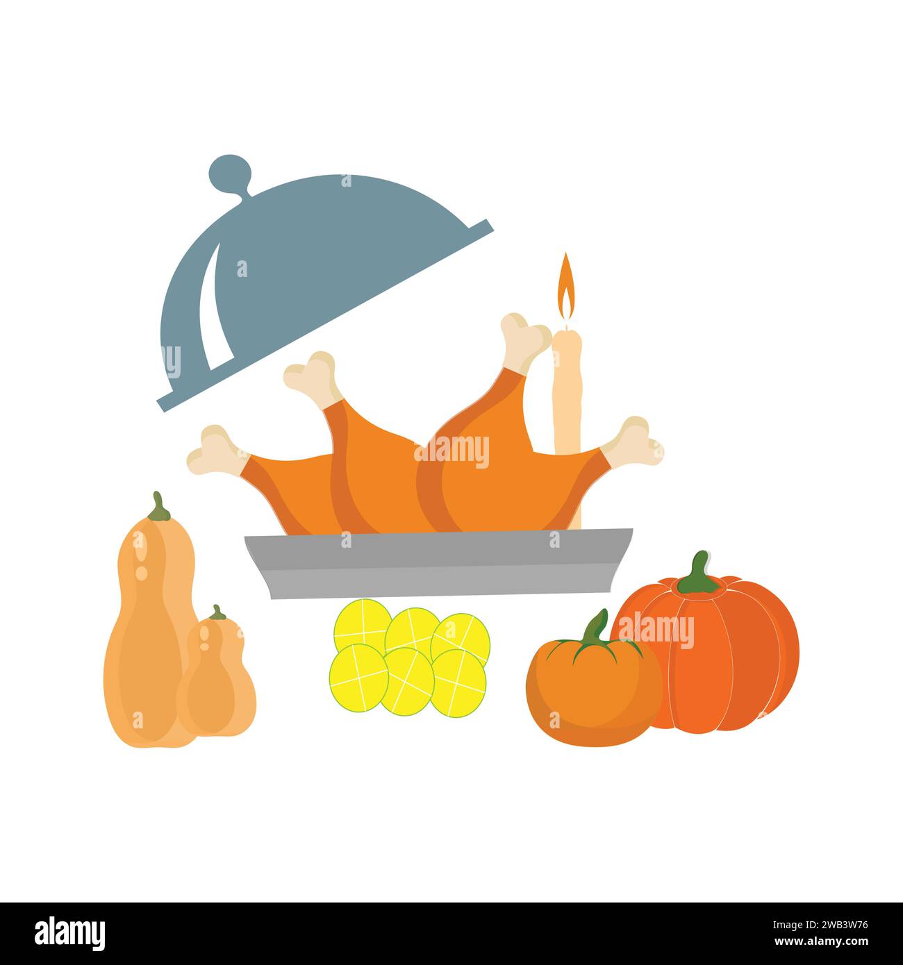 Icone del Ringraziamento. Elementi autunnali con tacchino arrosto. zucca, cappello da pellegrino, torta, verdure, frutta. Stagione natalizia autunnale. Illustrazione vettoriale Illustrazione Vettoriale