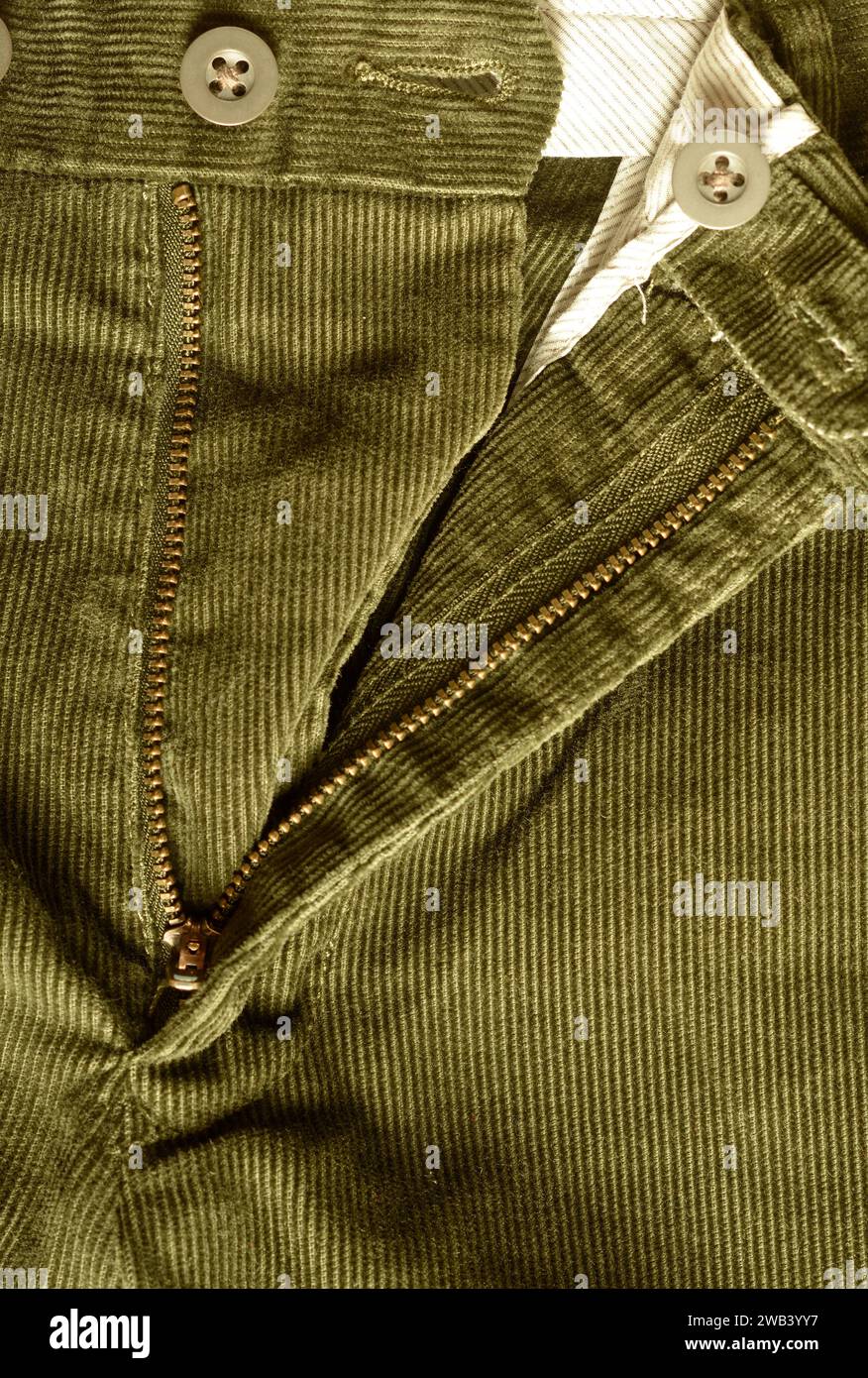 dettagli volanti e zip sui pantaloni in velluto verde Foto Stock