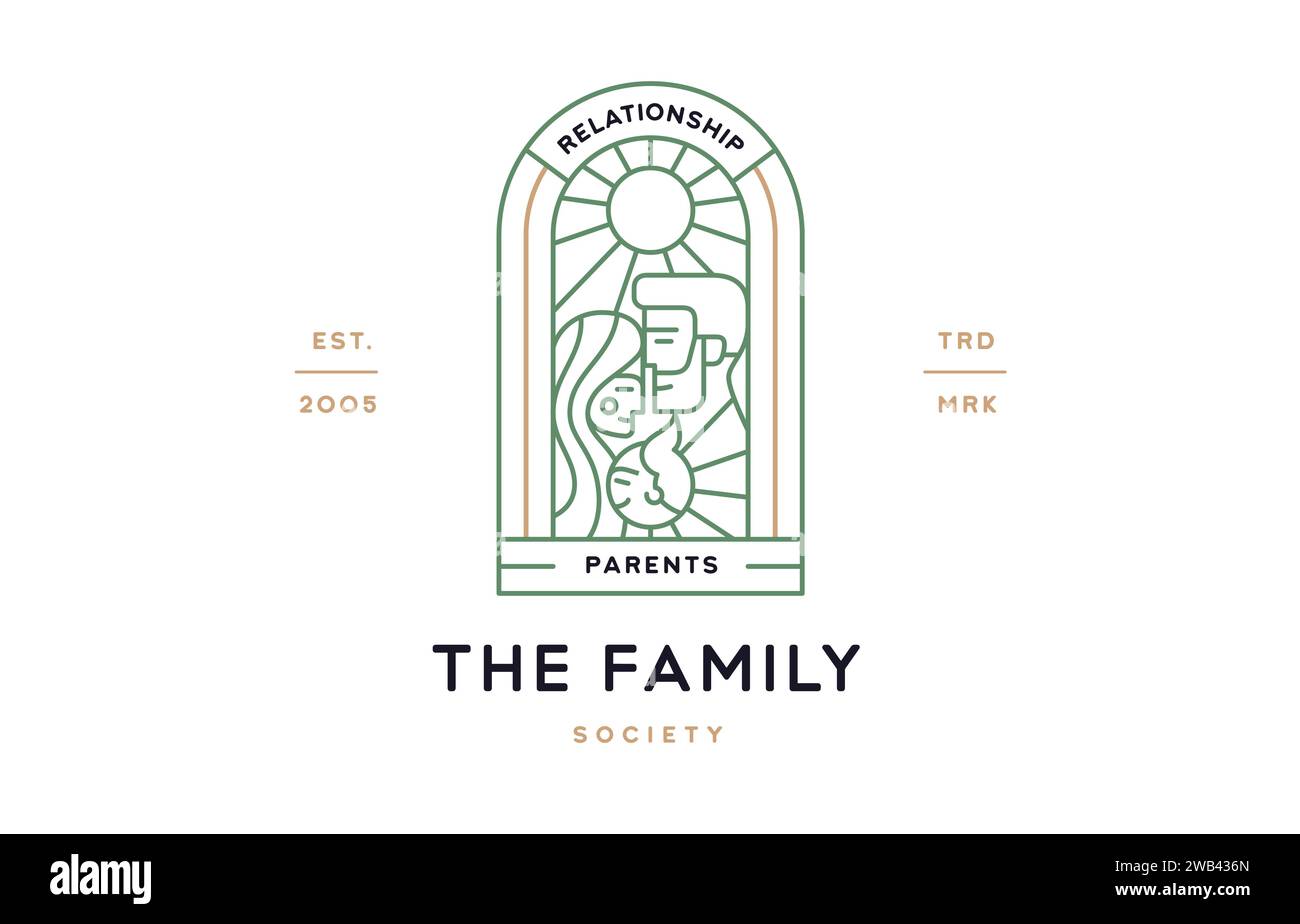 Etichetta di relazione dei genitori di famiglia. Modello minimalista con logo line art. Distintivo per la relazione famiglia/genitori con linea di design semplice e moderno. Simbolo linea segno di relazione familiare. Illustrazione vettoriale Illustrazione Vettoriale