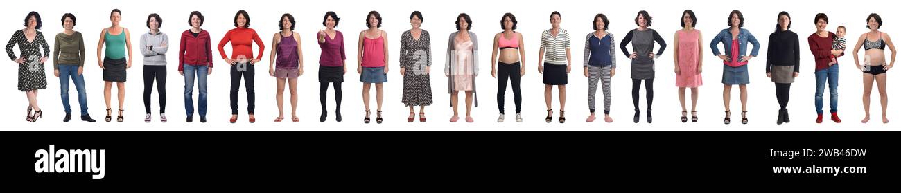 vista frontale della stessa donna in abiti diversi in momenti diversi della sua vita su sfondo bianco Foto Stock