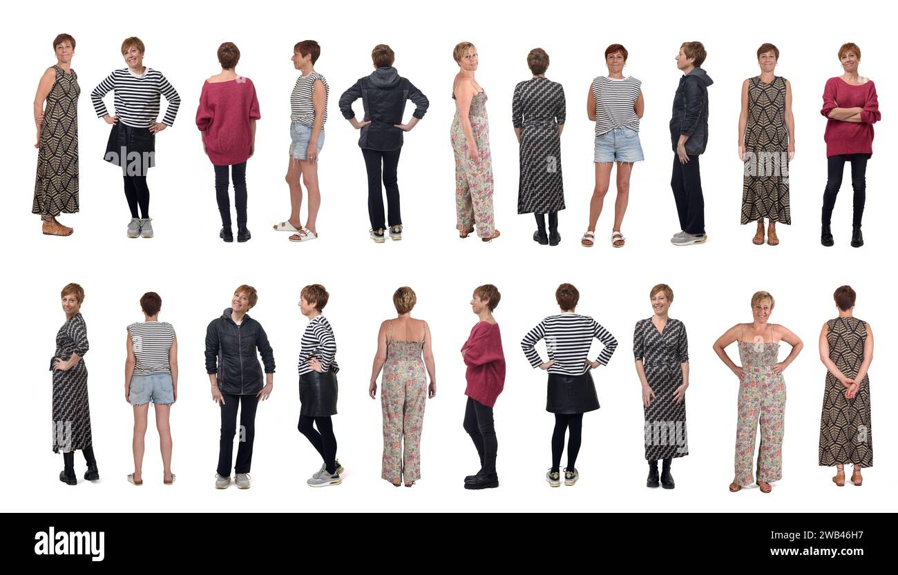 varie pose della stessa donna in abiti diversi in momenti diversi su sfondo bianco Foto Stock