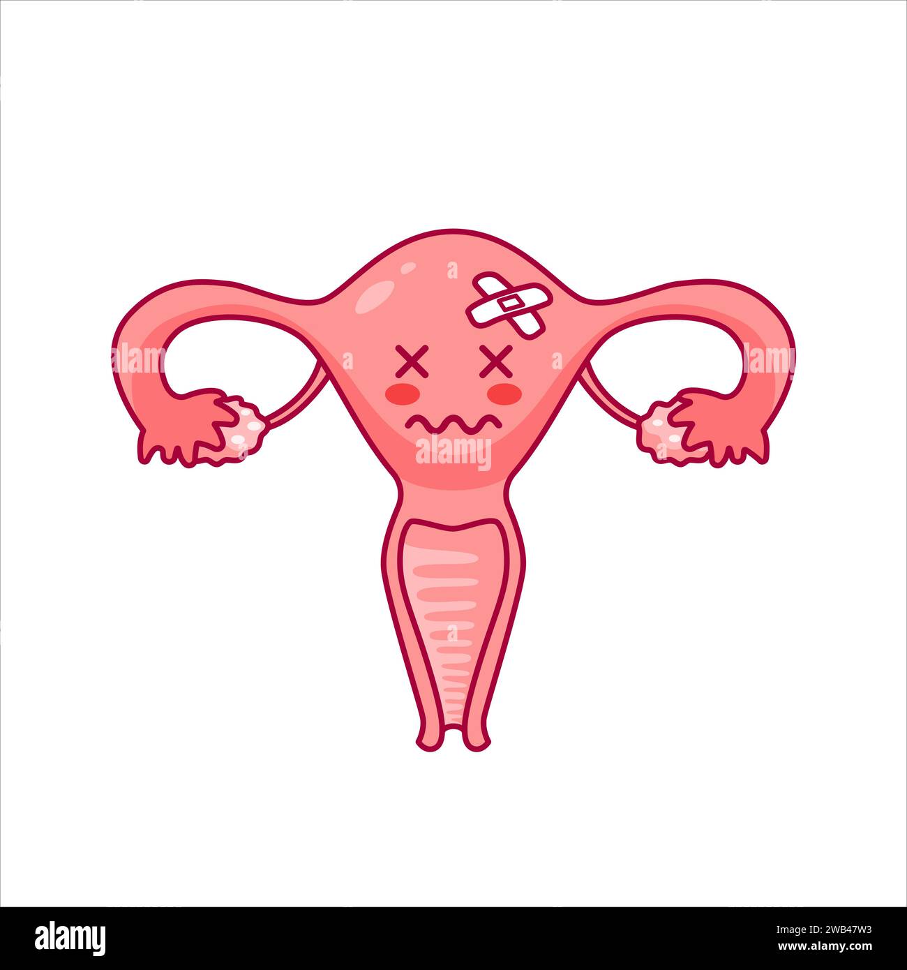 Utero. Simpatico e triste personaggio dei cartoni animati in stile kawaii. Malattia, infertilità. Salute delle donne. Sistema riproduttivo femminile, ciclo. anatomia, cervice, ovaie, f Illustrazione Vettoriale
