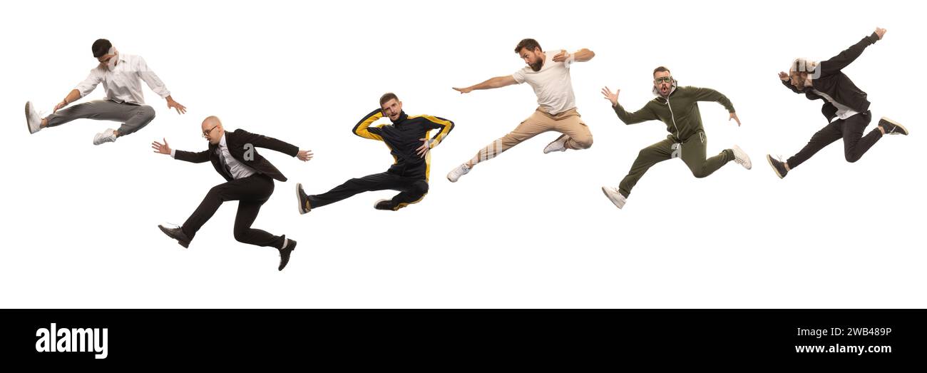 Collage composto da diversi giovani uomini che indossano vari abiti, abbigliamento formale, abbigliamento casual e sportivo, saltando isolato su sfondo bianco. Foto Stock