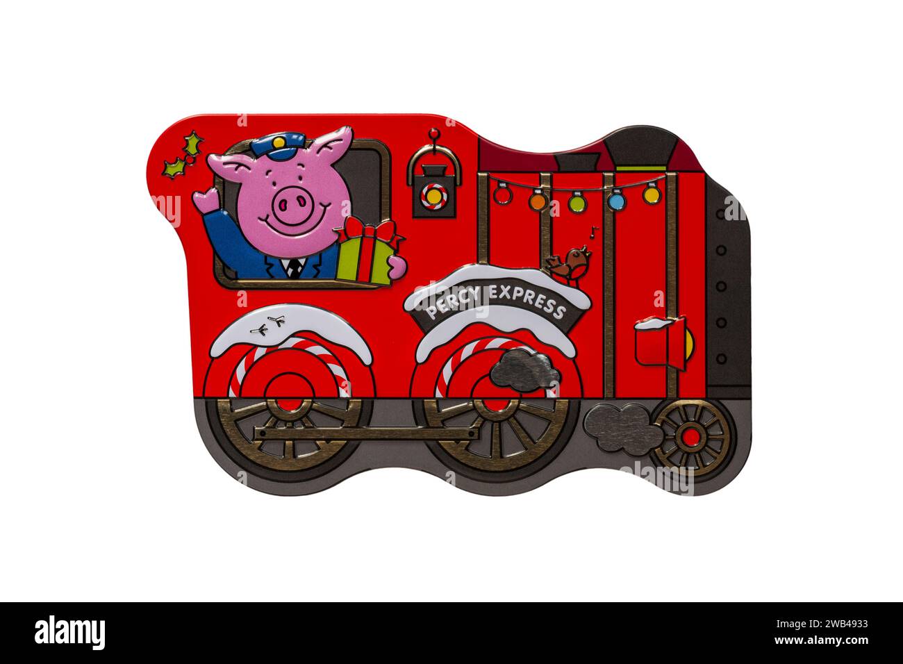 Percy Express Percy Pig Christmas Train con una rete di penny di Percy isolati su sfondo bianco Foto Stock