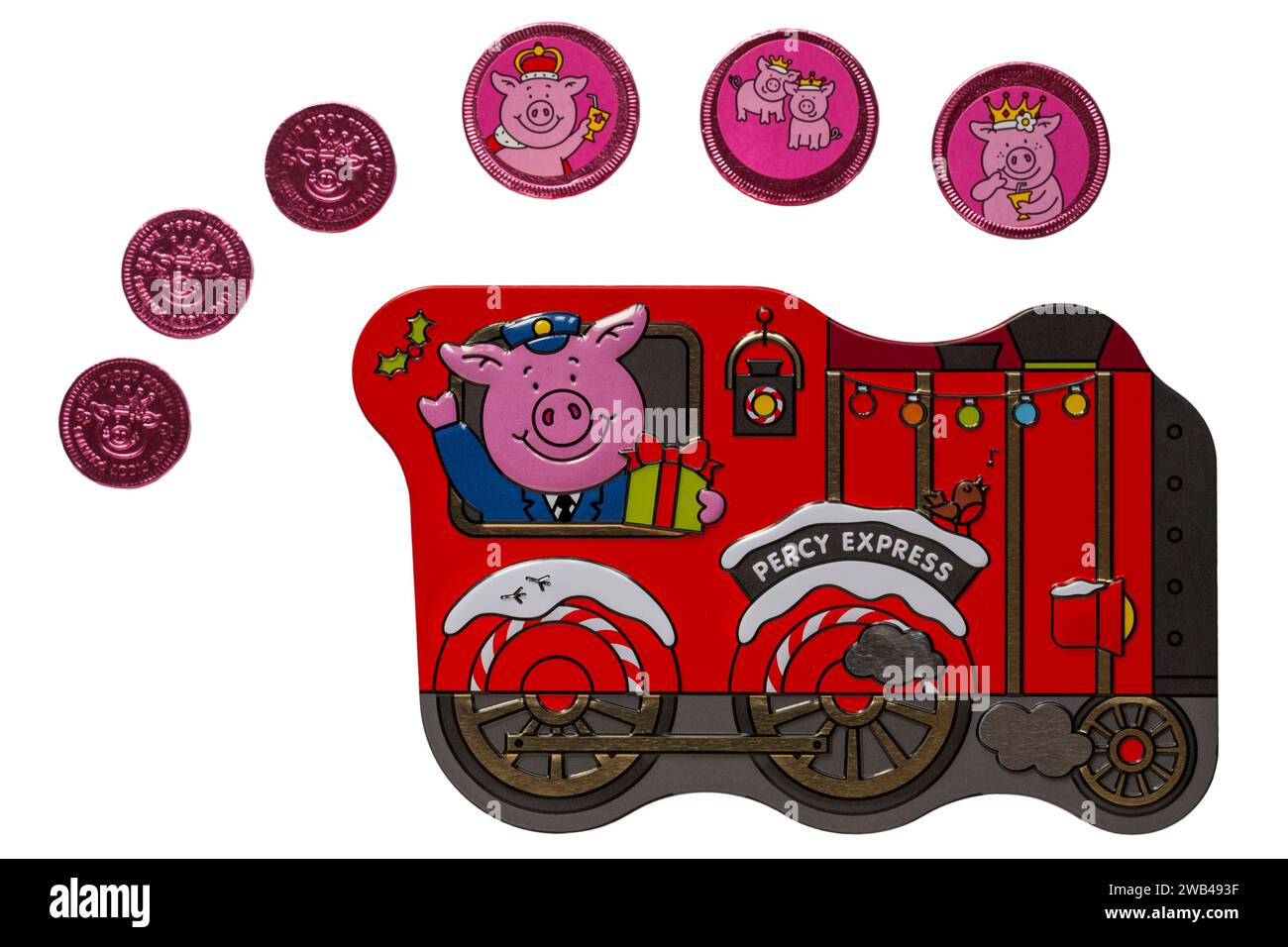 Percy Express Percy Pig Christmas Train con penny Percy che creano fumo isolato su sfondo bianco Foto Stock