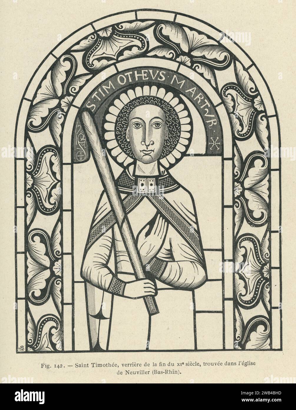 San Timoteo, una vetrata del tardo XI secolo scoperta nella chiesa di Neuviller, Alsazia. Illustrazione da "l'ancienne France: les Arts et métiers au Moyen-Âge. Etude illustrée sur le Moyen--Âge et la Renaissance d'après les ouvrages de M. Paul Lacroix', pubblicato nel 1887 da Firmin-Didot (Parigi). Foto Stock